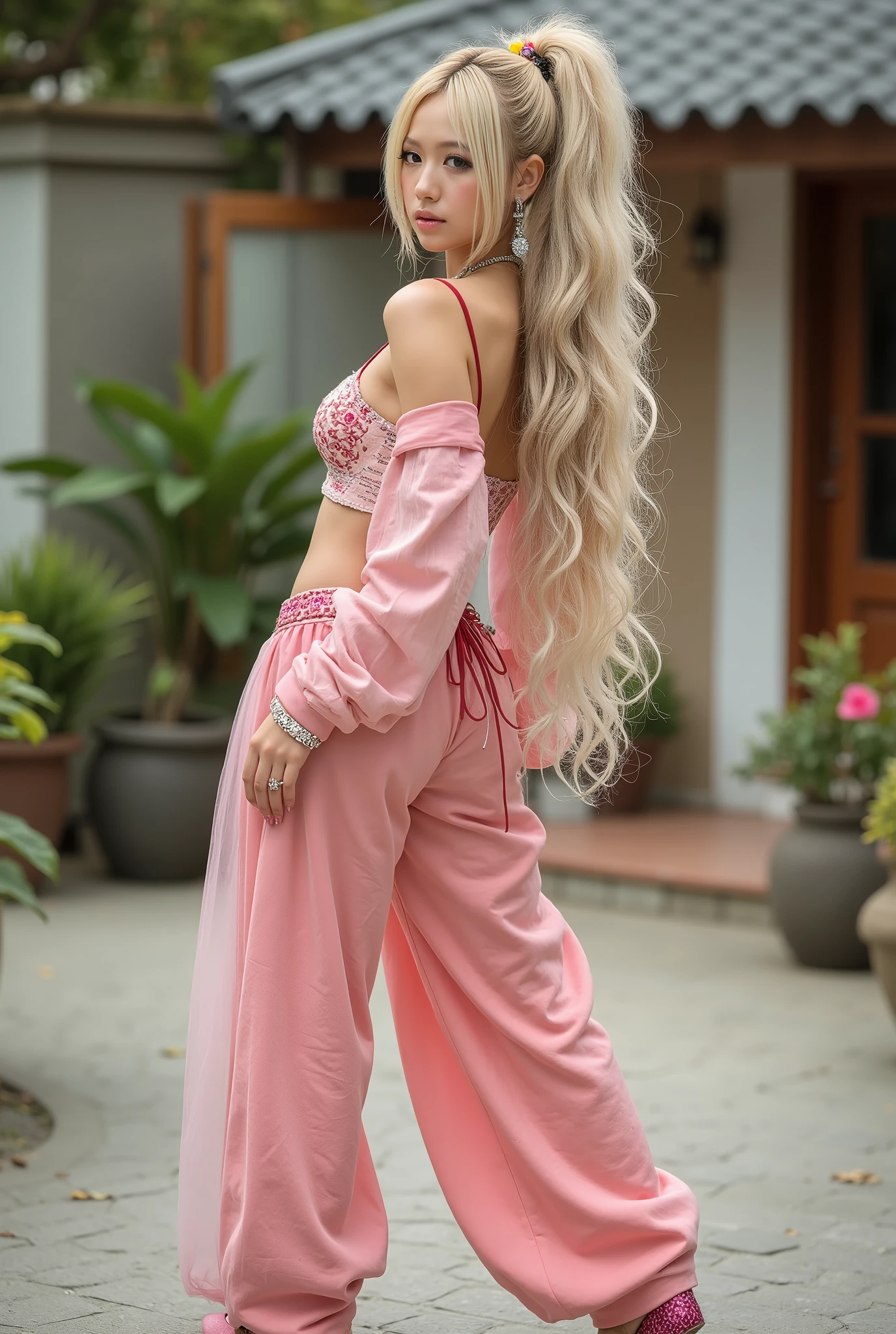 Top Quality, Masterpiece, Ultra High Resolution, ((Photorealistic: 1.4), Raw Photo, 1 cyberpunk android Girl, ((portrait)), Glossy Skin, (Ultra Realistic Details)), large format full body photo of a woman a Realistic full body portrait Photo of a I dream of Jeannie, genie in the lamp (((Jeannie))) with classic updo blonde hair style, diaphanous soft pink chiffon face veil pulled down under chin, tiny soft pink diaphanous gathered chiffon top under tiny open very cropped red velvet vest with thin white trim, low on hips diaphanous gathered soft pink chiffon harem pants elastic gathered at ankles and thick red velvet waist band with thin what trim and soft gathered pink chiffon inserts, Beautiful, Detailed face, Perfect eyes, (highly detailed skin:1.1), extremely long disheveled messy blonde hair with a sloppy extremely long ponytail, narrow shoulders, small breasts, aggressively arched back, bubble butt, full hips, sexy soft slightly rounded lower belly, proportionate average-length legs, compact build, perfect dainty narrow feet wearing tiny pink flat-soled closed-toe shoes with pointed tips, thick mascara, soft pink full pouting lips, hoop earrings, slave bands, several rings on various fingers, , layered clothes, best quality, Modelshoot style, Professional Photography, Photorealistic, in a bungalow, bokeh background, RAW, analog style, sharp focus, 8k, ultra high resolution, DSLR, high quality, Fujifilm XT3, film grain, award winning, masterpiece (blurry:-1) (undetailed:-1) (bad quality:-1) (NSFW:-1) (painting:-1) (vintage:-1) (navel:-1) (cleavage:-1.25), big smile