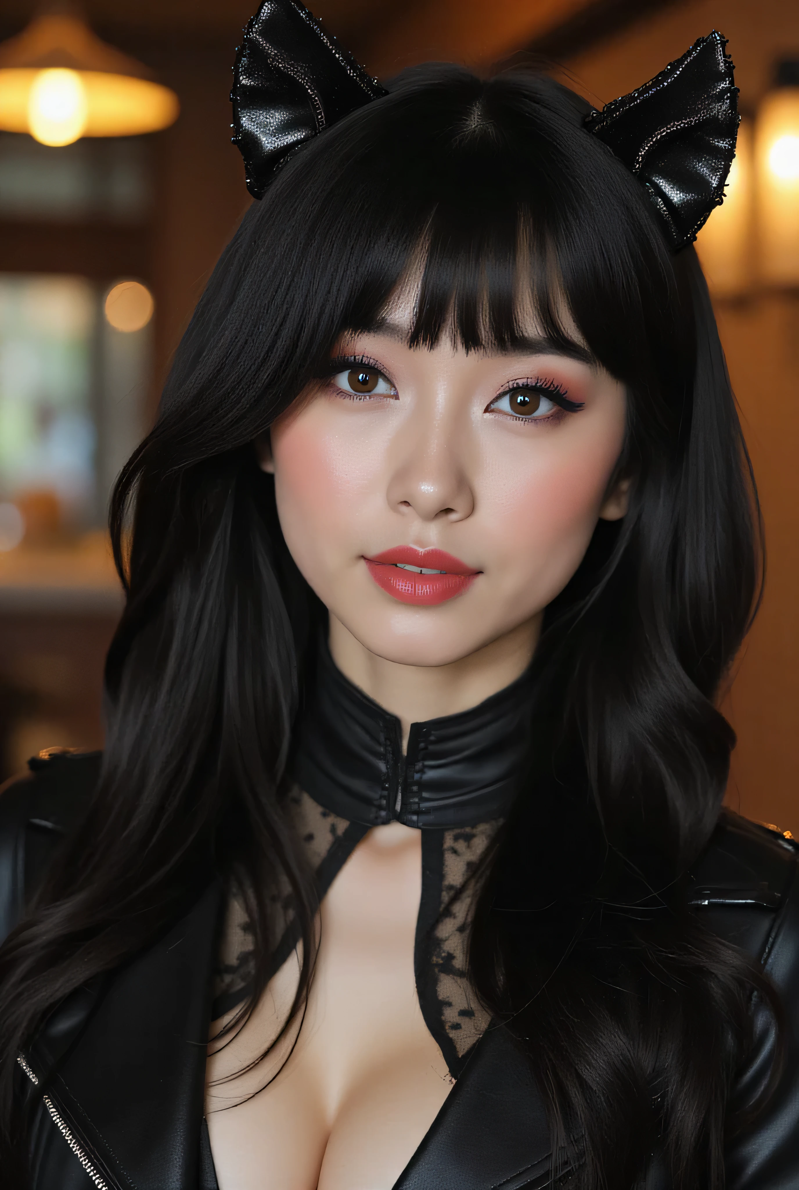( over her face A woman with delicate features and fair skin Asian features. The face is slightly rounded, with soft cheekbones . The eyes are large and expressive , with purple makeup and black eyeliner that accentuates the look. The eyebrows are well defined and arched , harmonizing with the shape of the face . The lips are full and rosy , complementing the soft and elegant makeup . The hair is black, smooth and shiny, with a straight fringe that frames the face , flowing softly down the sides ( over her body An athletic and well-defined female body , with toned muscles and balanced proportions . wide shoulder leather jacket, thin waist and strong, sculpted legs )(about the place ( over her face a slightly oval face . your skin is fair, her eyes are big and blue with a curious and mischievous expression . The eyebrows are thin and arched , and the hair is long, Black and bright, with a straight fringe that falls over the forehead and tips turned inward. The nose is small and delicate , while the mouth presents an asymmetric smile , slightly mischievous ( An elegant and confident woman wearing a sexy kitten costume. She wears a fitted black bodysuit with lace details , shiny cat ears over her head , a long feline tail attached to her clothes , and black elbow-length gloves . Her hair is long and wavy , and she is seductively posing , with a penetrating look. The background is illuminated with soft lights , ) make it realistic , Women sexy