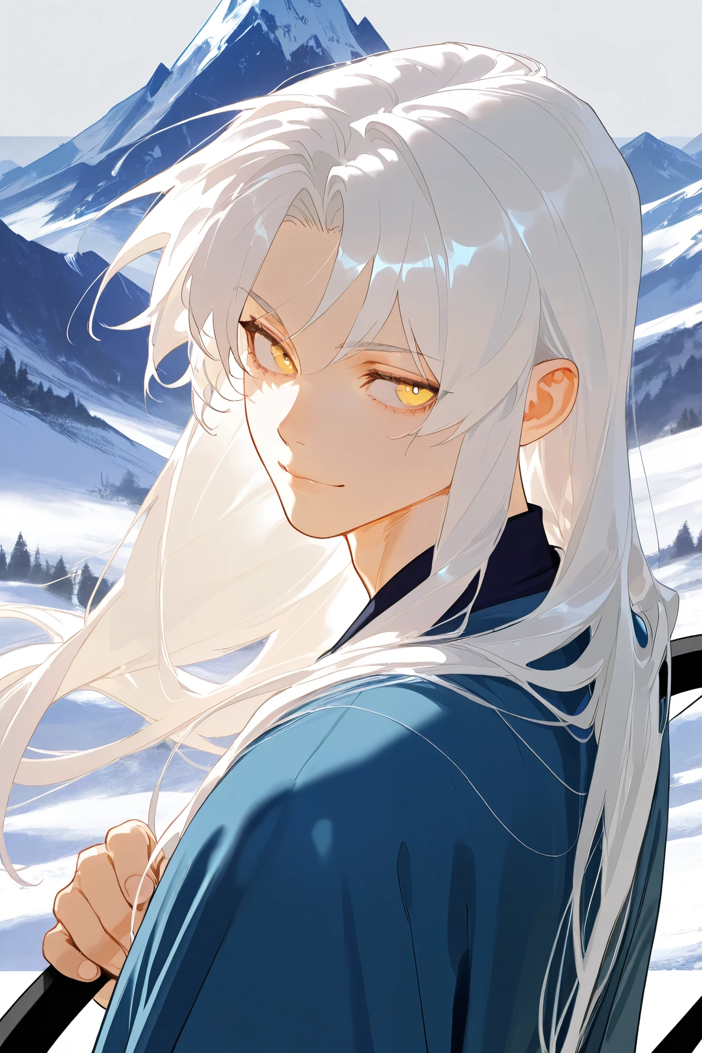 best quality, masterpiece,highest resolution,mountain background, 1male, white hair, long hair, yellow eyes, blue robe, small smile, holding bow, look back, portrait,perfect eyes