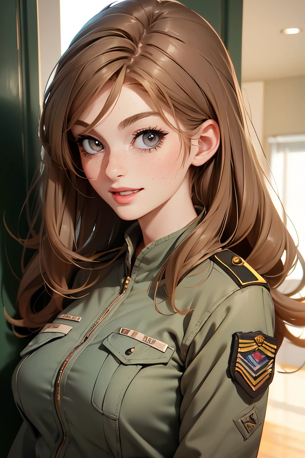 very pretty girl . She is 28 years old . Breast size 3 . height 180 cm . light grey eyes . brown-haired . she smiles . Wearing military uniform . U.S. Army Officer .