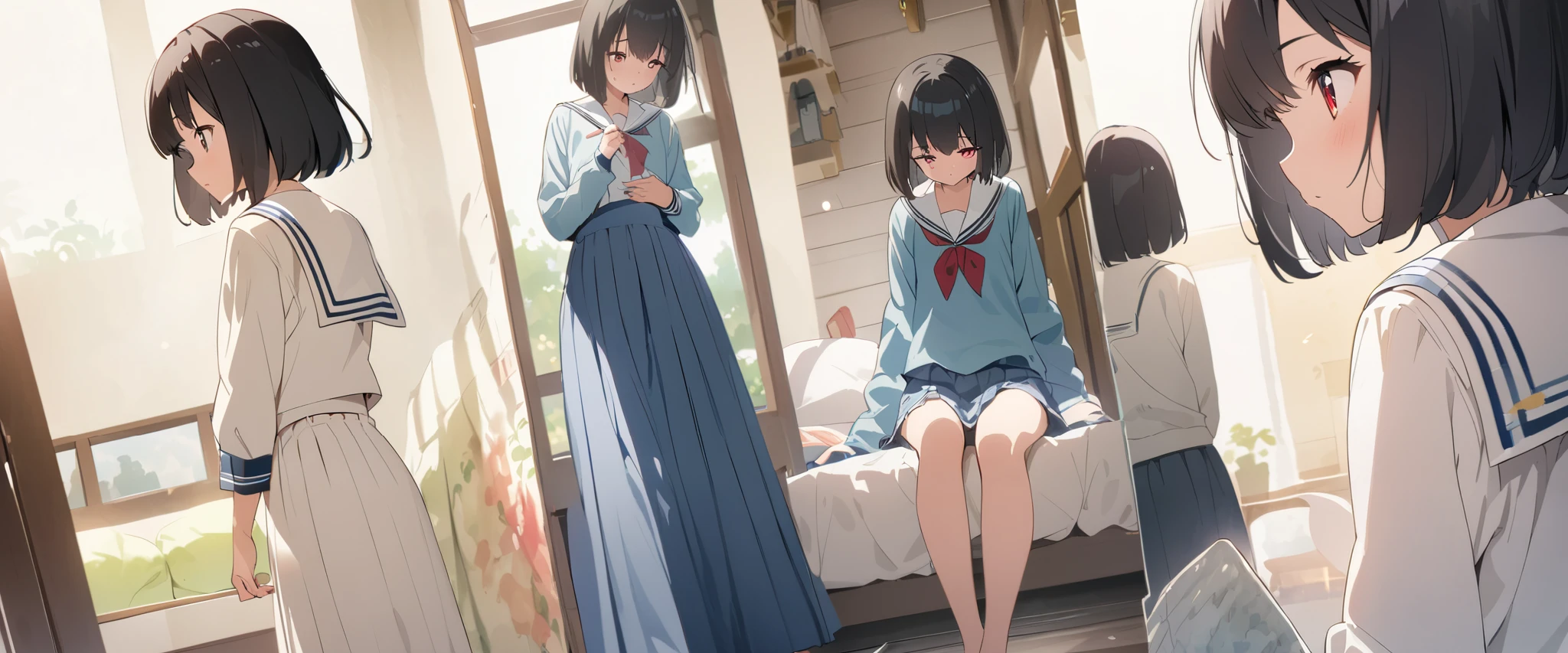 girl 、 bob cut、 black hair、stupid hair、 red eye、Sailor suit with long skirt、 glare、 bedroom、Masterpiece、 best quality 、 Detailed Help 、 cute anime 、 illustration of a train、 high resolution, Attention to Details, 超 high resolution, very detailed, dreamy watercolor painting 、 Little Curvy Girl , ,超写実的な小学生の girl 、子供underwear , low angle、 flat chest、 flat chest, full body view, low angle, back view、 pleasant face、、underwear、 disheveled clothes、perfect body