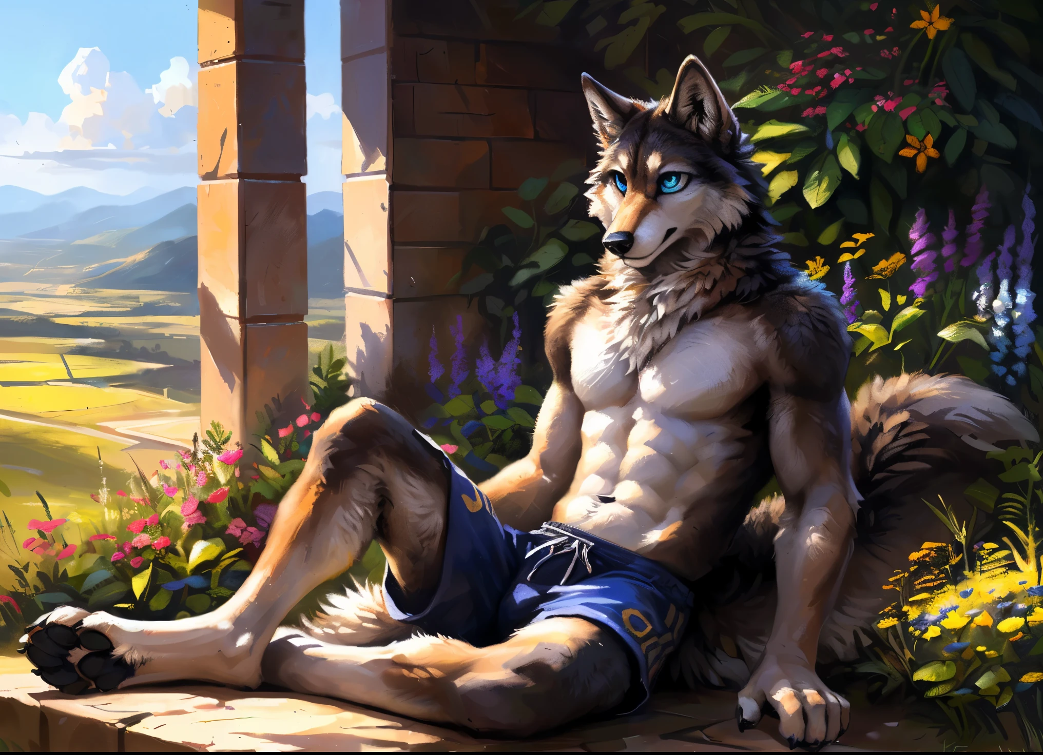 ((Solo)), male people, anthro wolf, (Multi-colored fur, Black White Taupe:1.3), ((Dog face, White hair, Big eyes, White eyelids, Blue pupil, Slim:1.2) (Tough, Calm expression:1.2)), ((sport:1.1)), Abs, Slim, pinging)), (Correct ???????), (Work shorts:1.1), (Contoured bones:1.2), naked torso, (detailed outfits),large tail， (Realistic fur, Detailed fur texture, labeled:1.3)), (Natural lighting), Photorealistic, Hyperrealistic, ultradetailed, by Kenket