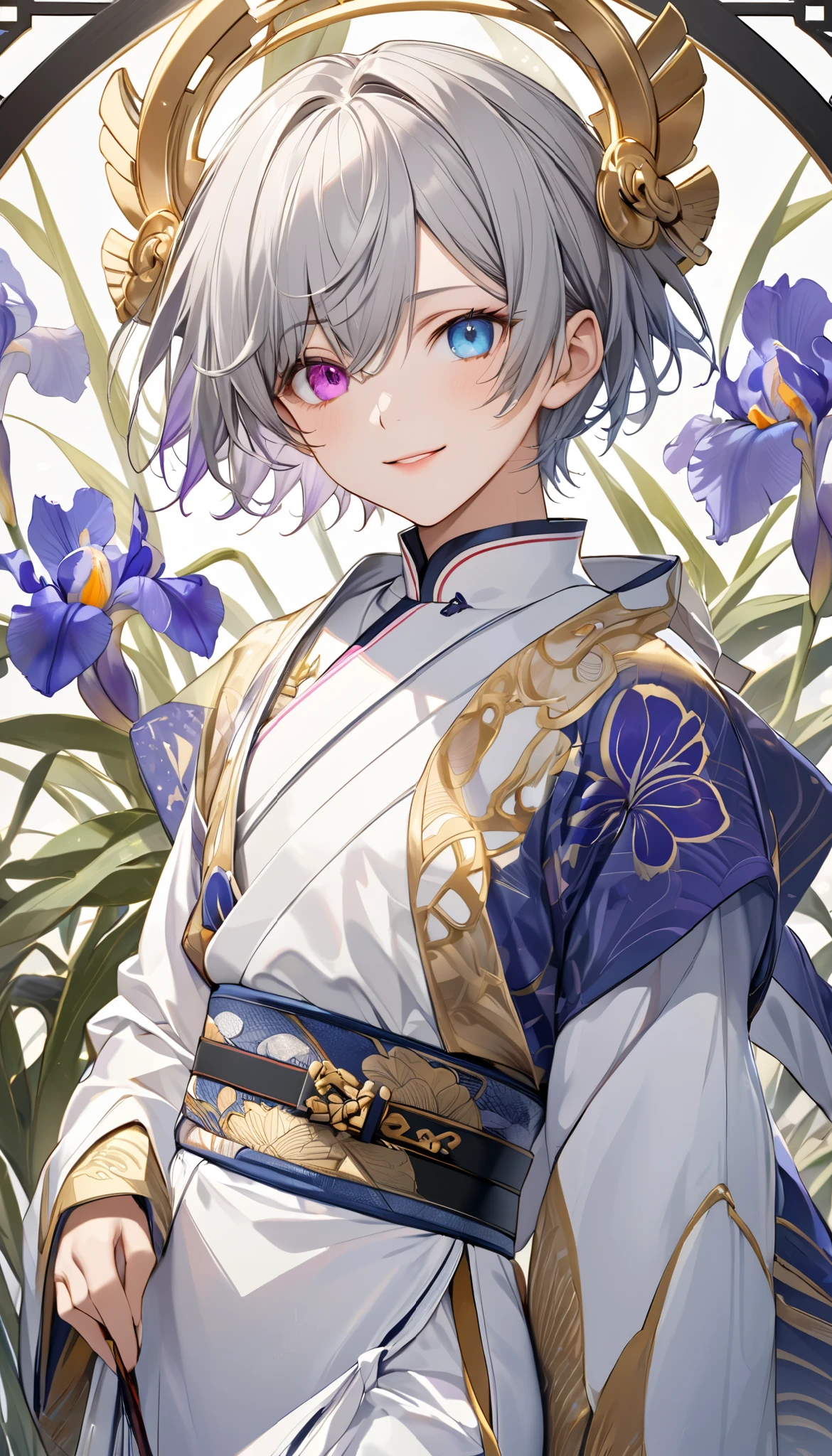  fresh illustration ,
Superfine painting,
 very delicate illustration ,
 Very fine details ,
1boy ,
( standing)
Alone,
Height: 158cm,
Beige Skin,
Cheeks are ruddy,
(The iris of the left eye is light sky blue and the iris of the right eye is magenta ),
(Complete iris heterochromia ),
 beautiful eyes,
 large black pupils ,
Short short hair,
(Gray Hair),
 only the base of the hair is light blue ,
 The hair has gradation ,
 shiny hair with makeup,
Young, beautiful, beautiful face ,
The lips are extremely small,
 is smiling,
 A small halo that shines brightly floats on the head ,
 raised eyebrows ,
 The upper body is wearing a kimono in kimono ,
 six pack,
 The lower body is long, transparent clothing in the style of a Chinese dress with slits at both hips,
The color of the belt is black ,
Overall white clothes ,
 The belt has tasteful embroidery with gold thread ,
 fine fabric clothing ,
 Slim waist,
Thin legs,
 jockstrap underwear ,
 the thigh strap cuts into the skin ,
 The tips of the white long boots are Japanese style ,
Isometric,
 golden ratio,
god々 like atmosphere,
 The undershirt is indigo-colored with a stand-up collar,
 background is white,
 tactical use of shadows ,
Head rings and hair fit in a frame ,
Clothes fit in a frame ,
 is facing the front,