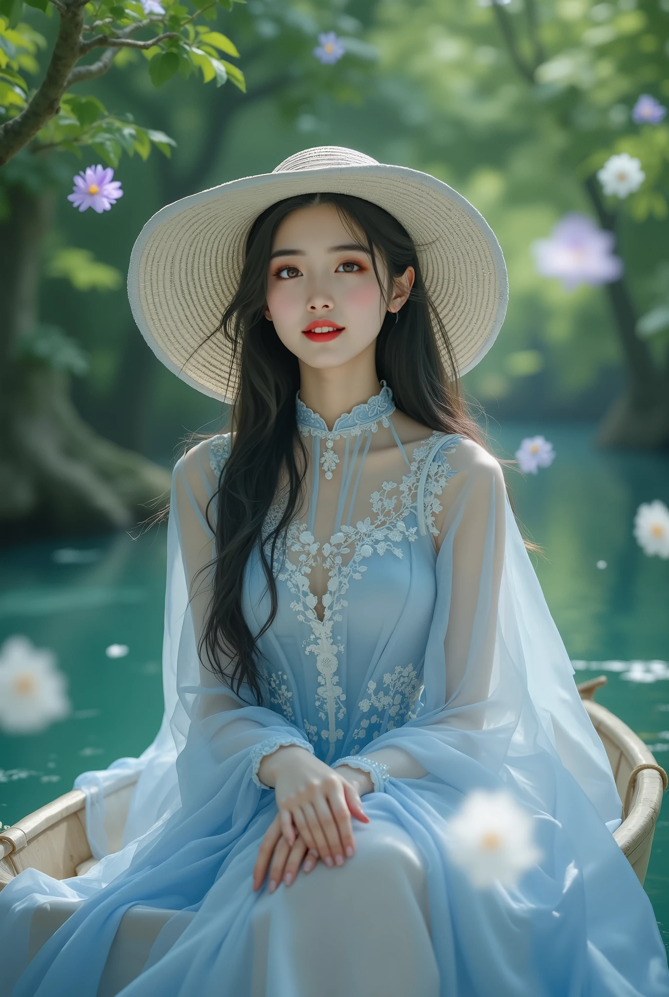 hyper-realistic PORTRAIT A beautiful Korean girl with long straight hair slightly smiling looks at the audience . Wear a soft blue high-collared chiffon dress graded to white decorated with three-dimensional floral ornaments on the upper circumference of the chest to the shoulders, shimmering pearls . . Wear a wide hat lace decorated with flowers , sitting in a big boat in the middle of a clear river with a tranquil forest landscape shady green and mystical flowers big purple white flowers under a tree, Light Firefly Stone Stone . Realiatick HD