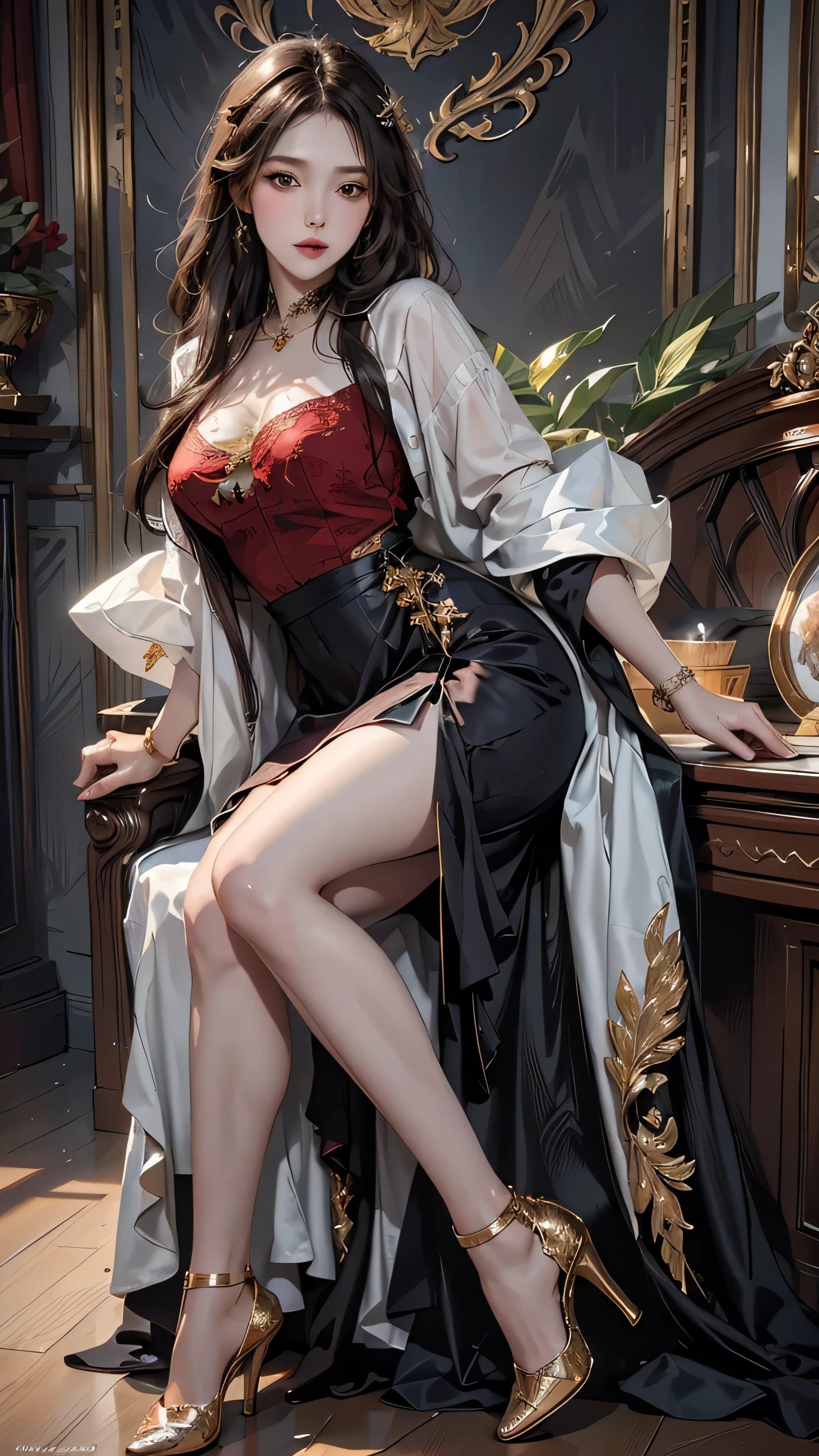 ((masterpiece, Highest quality)), Detailed face, Character design sheet,Full Body Lesbian, Full of details, Various poses and expressions, Very detailed, depth, Many parts,Beautiful girls,Cinema Lighting,The light shines,Red and Gold,Phoenix decoration,Lightweight yarn,race,raceパンスト,High heels