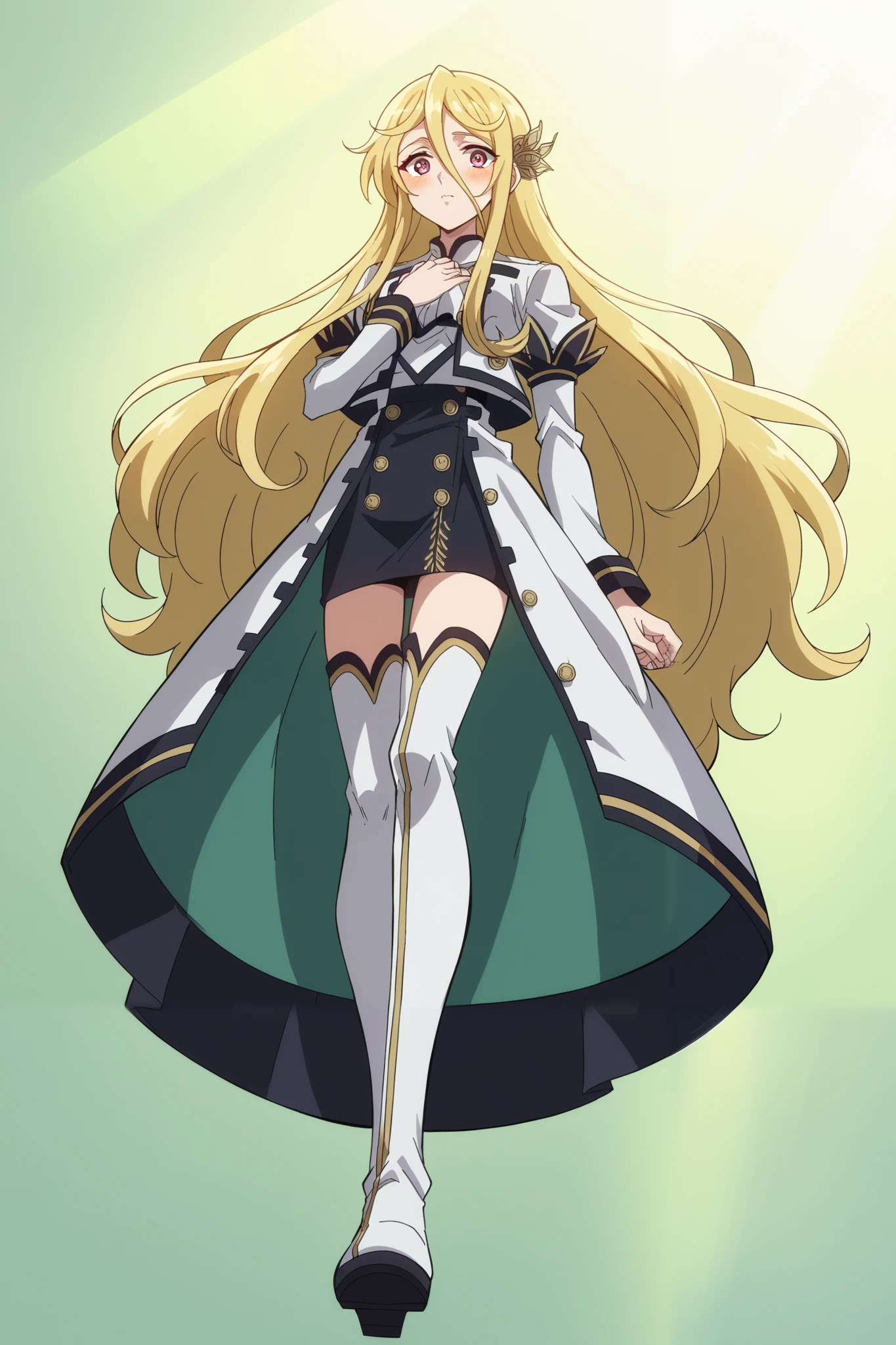 score_9, score_8_up, score_7_up, score_6_up, score_5_up, blonde facing the viewer , 1 girl , long-haired blonde , fragile, slim, long blond golden hair develops in the wind, bangs on the forehead, hair between eyes , raspberry eyes , dark pink eyes , blush , warm white jacket , modern , club leather mini skirt , warm tights , white thigh high boots , medium sized chest , pressed her hands to her chest , green light in the hands , thin waist, slender legs , full length style, goes forward, view from below, ghostly green rays radiate from the girl in all directions , huge sea wave , background rising like a tsunami wave
Masterpiece , high resolution, Accuracy, best quality