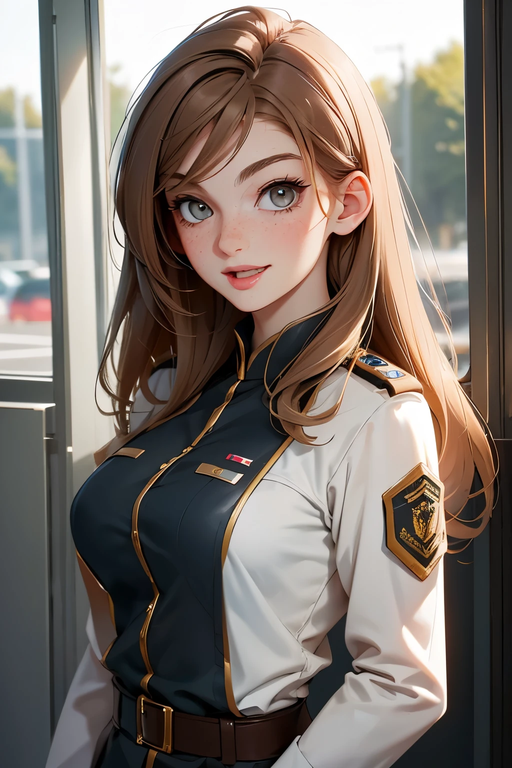  very pretty girl . She is 28 years old .  Breast size 3  . height 180 cm .    light grey eyes  . brown-haired . she smiles .  Wearing military uniform . Army officer. . 