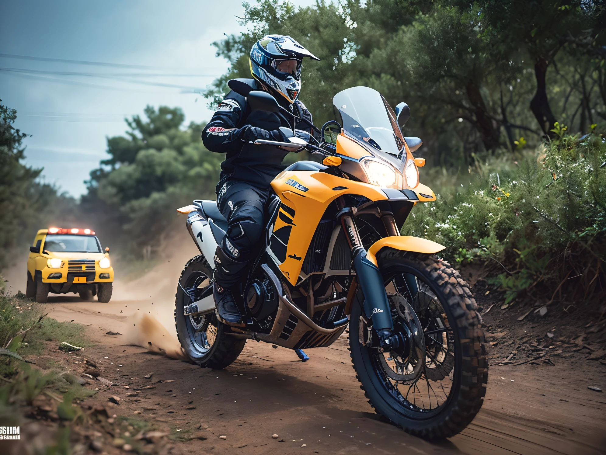 rafed motorcyclist riding a dakar motorbike in the backcountry, mix4,(8k, RAW photo, best quality, masterpiece:1.2), (realistic, photo-realistic:1.37), physically-based rendering, A futuristic lightweight electrick dirt tracker, motorbike in a gravel road, rally, rally raid, classic, flat tracker, off - road, 3D Product render style, adventure rider, dual sport tyres, 2024, trending on vehicle design, concept matte, finely detailed, ue 5, fluo colored details, black and electric blue scheme, dyson design, dakar rally, octa 8k, photorealistic, finely detailed, a computer rendering, minimalism, octane render, caterpillar, trail enduro, skid plate, araffe motorcycle, powerful detail, dynamic action shot, kicking up dirt, overlander, very good looking, scrambler, 8 k octane comprehensive render, octane engine render 8k hdr, cool looking, concept matte, trail enduro bike, intense look, aggressive look, rtx engine, modern minimalist f 2 0 clean, cycle render, with 3d render, 3 d product render, concept art, red shift render, 3d hard surface design, depicted as a 3 d render, highly photographic render, hyper detailed 3d render, windscreen, rally kit fairing, big fairing, motocross bike, racing stripes, trail adventure, dirt touring, long travel fork, Off-Road Suspension, big fuel tank, menacing look, cinematic front lightning, intense cool headlights, horns with indicator lights, multiple lights, blue and black motorcycle colors, arafed rider, adventuring gear, emauromin style, big windscreen, dakar headlight, motorrad, dezeen, exclusive, thunder, dynamic, postprocessed, with fluo colored details, yoshimura exhaust