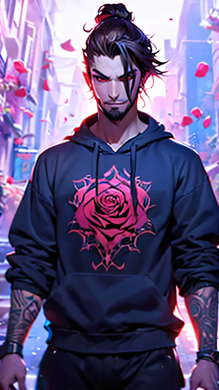 Demon man with long curly dark brown hair tied in a ponytail and a dark brown half-length beard, portant sweatshirt avec les couleurs bleu et rose de Jinx de League Of Legend
