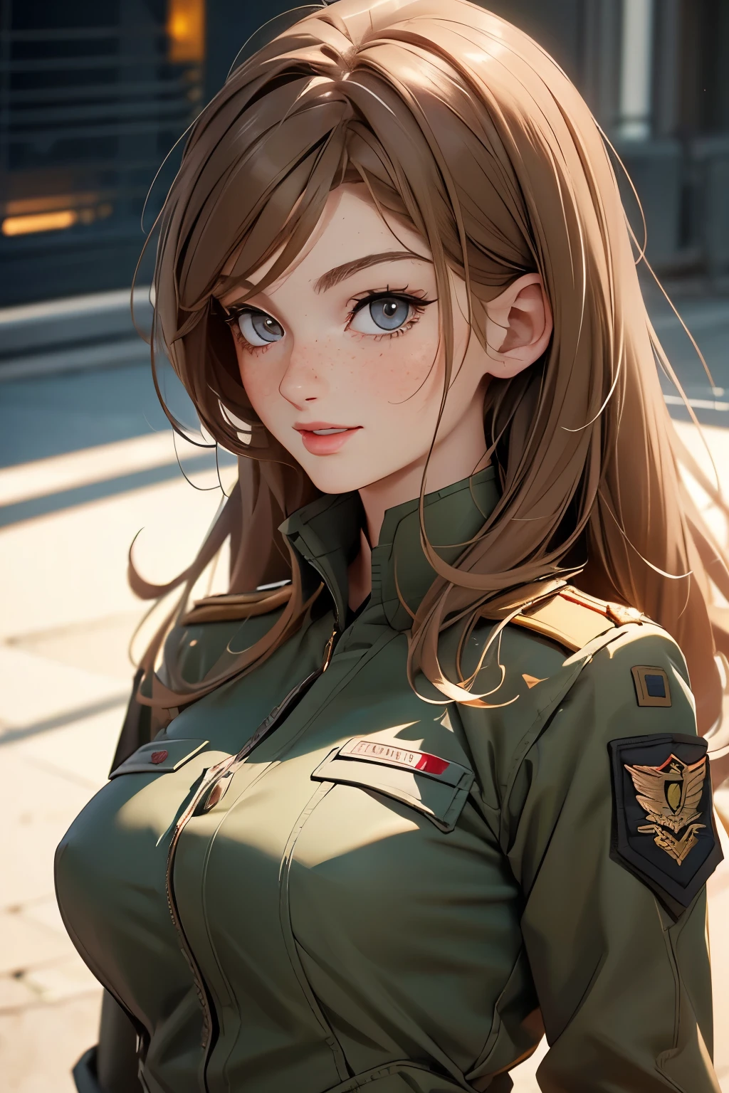 very pretty girl . She is 28 years old . Breast size 3 . height 180 cm . light grey eyes . brown-haired . she smiles . Wearing military uniform . Army officer. .