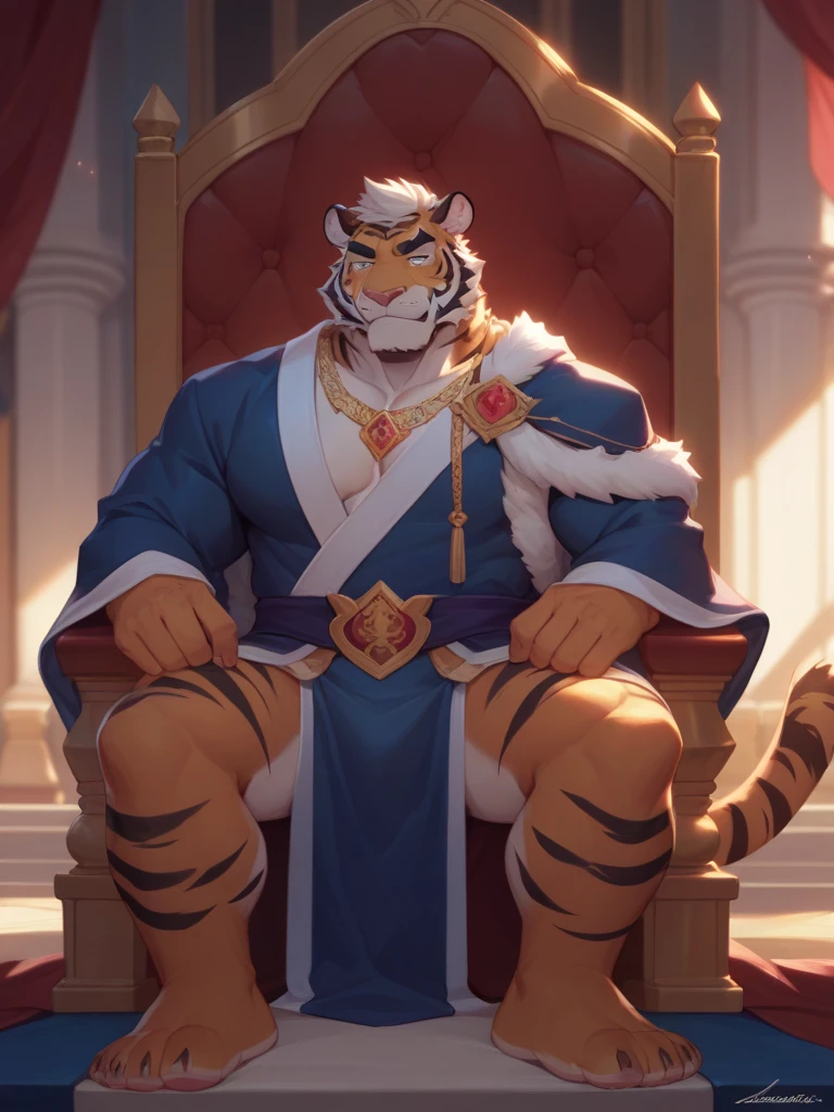 Best quality, masterpiece, expressionless,ultra high res,detailed background,realistic, real shadow and light,depth of field, White tiger furry, Muscular, Topless, Sexybody, Sixpack, Bad Guy, Naked, Sitting on the throne, king crown, red eyes.