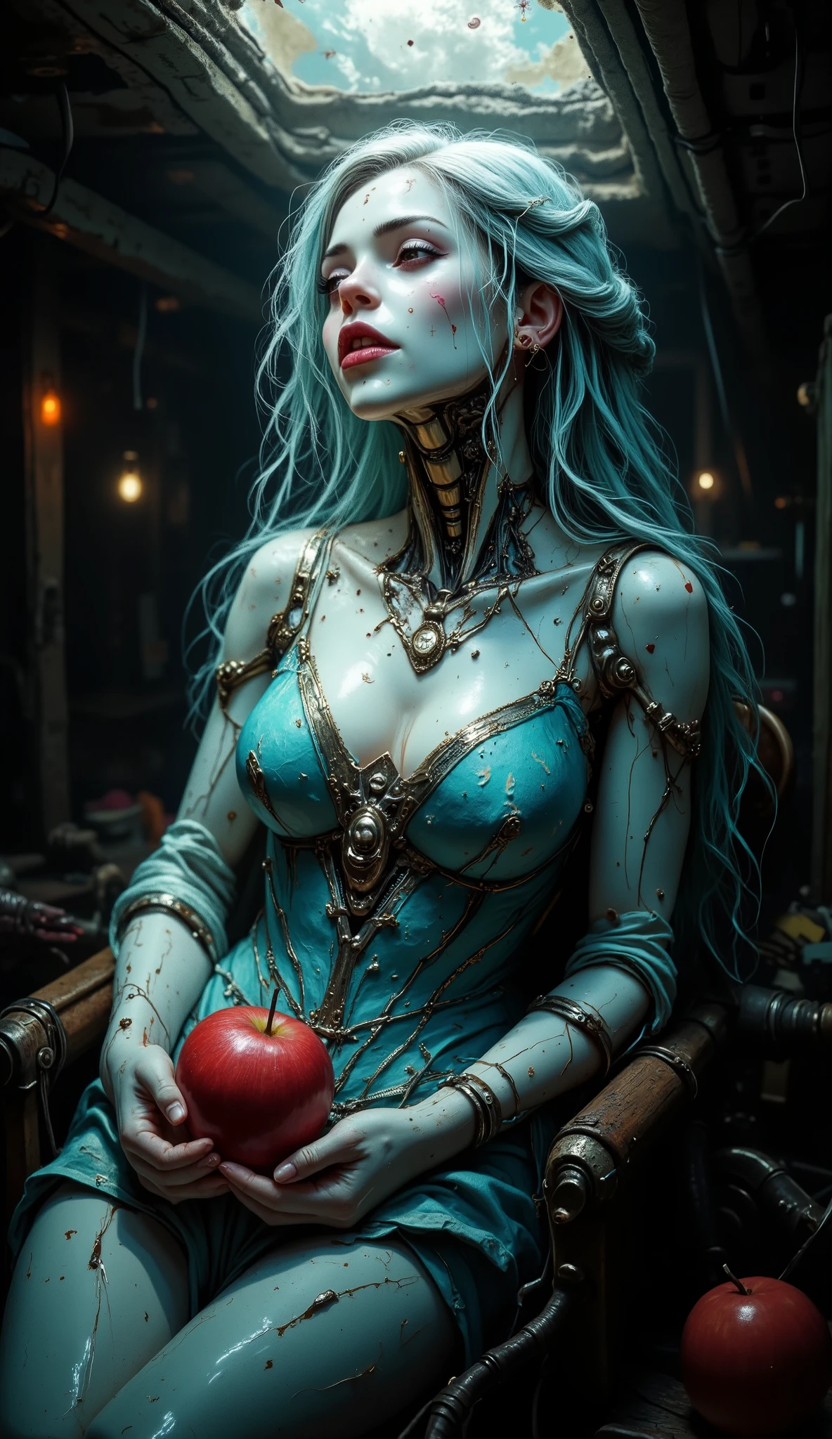 A strange antique mechanical porcelain doll in full size. She looked like a sad young woman. A thin-featured face sits half-turned towards the viewer. (Large incredibly beautiful lemon-colored glass eyes), long blue eyelashes, a thin network of small cracks on a white porcelain face, well-defined lips, very feminine, cool fuchsia shade, incredible. The neck is beautiful and long. The doll's body is partially mechanical. All metal connections are visible. The doll is dressed in an old worn dress made of torn blue silk, on a corset, she has long, dusty hair (turquoise color), her hairstyle is careless. He holds an apple in his hands. In the background is a cluttered gloomy dark attic. The light falls on the doll from above through a trapdoor in the ceiling. This gives the image an ominous appearance. details. (extremely detailed image details), realistic lighting, detailed and beautiful shine. Midjourney style, cinematic style, steampunk, retro-futurism.