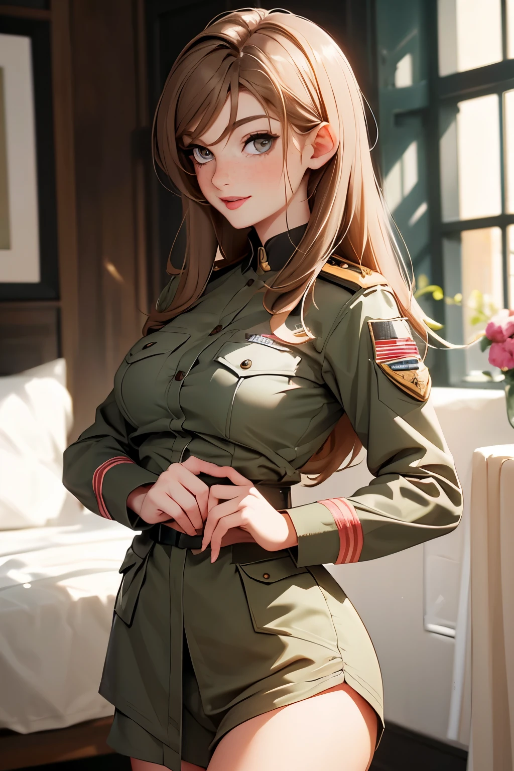  very pretty girl . She is 28 years old .  Breast size 3  . height 180 cm .    light grey eyes  . brown-haired . she smiles .  Wearing military uniform . Army officer. . 