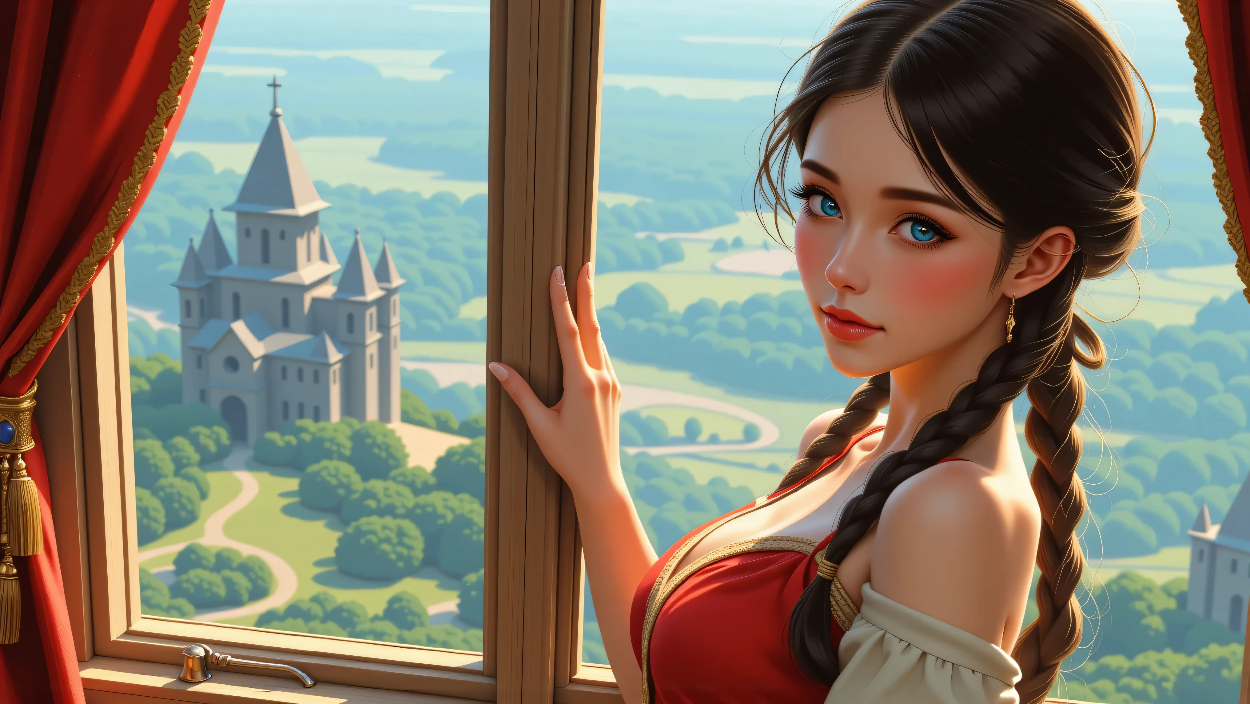 Masterpiece, Hi-detailed, best quality, 8K, (realistic), (Middle ages), ((single girl, solo, only one girl)), (cowboy shot), (close up), standing, ((servant girl)), (slave girl), ((loli)), ((makeup)), ((long eyelashes, mascara, eyeliner)), ((girl standing looking out of the window)), ((welcoming you home, excited for you)), (wanting to embrace you), ((cute, young, yr)), (tall and lanky), (Skinny), (thin frame), (fit, body), (feminine body), (small braids in her hair), (small breasts, round breasts), ((peasant clothes)), ((extremely revealing)), cleavage, beautiful, perfect face, perfect body, large eyes, blue eyes, standing looking at a beautiful vista, Middle Ages, Fantasy,