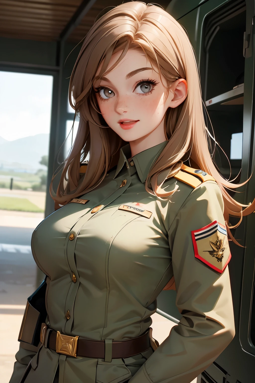 very pretty girl . She is 28 years old . Breast size 3 . height 180 cm . light grey eyes . brown-haired . she smiles . Wearing military uniform . Army officer. .