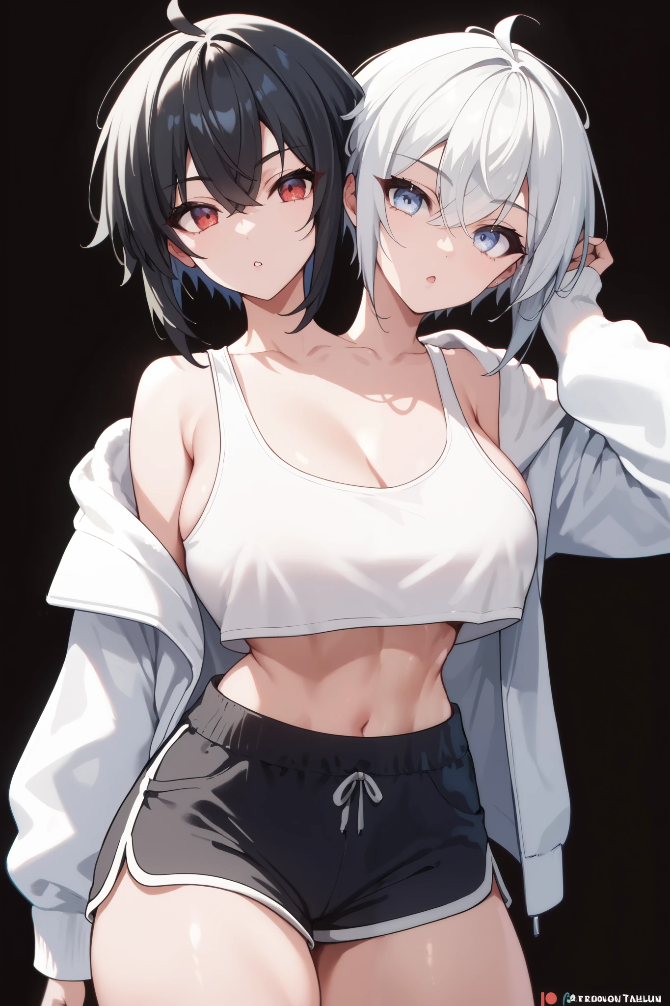 2heads, a tall thin woman with 2 heads, black hair, white hair, red eyes, blue eyes, grinning, She is wearing a white hoodie and tank top, black dolphin shorts. white background, lager breasts. tomboy, Except contrast, high definition