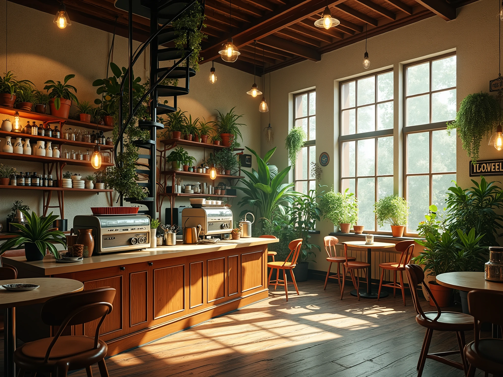 create the image of a 1950s coffee house with various wooden elements vinyl radio, countertop with steamed coffees , and with several plants inside the cafeteria , Don't show people , with a spiral staircase filled with plants , the coffee house must have a large window that lets in lots of light , vinatge, super realistic and with vibrant colors