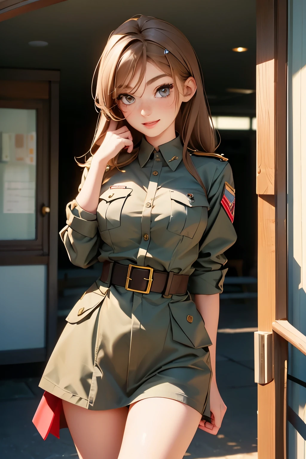 very pretty girl . She is 28 years old . Breast size 3 . height 180 cm . light grey eyes . brown-haired . she smiles . Wearing military uniform . Army officer. .