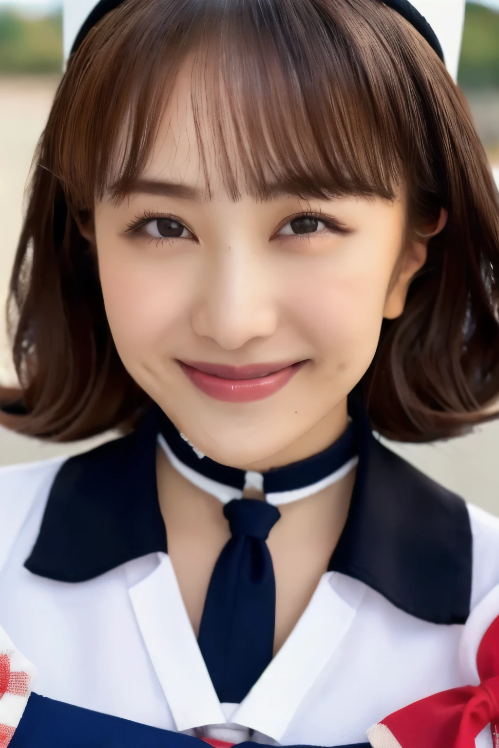 (( sailor suit )), ((())),(( Japanese girl))、Light up your face、(masterpiece, top quality, The beautiful quality of , photorealistic , detailed lighting , Extremely detailed skin, Extremely Detailed Hair ,8k, black hair, upper body, One Girl , smile, Watch Viewers , Dimples, Dimpless on cheeks, fc portrait:1.2), bangs、 choker、 off-shoulder 、Accurate Eyes、 in ultra high quality、 face close-up、((())),((日本の sailor suit )),
