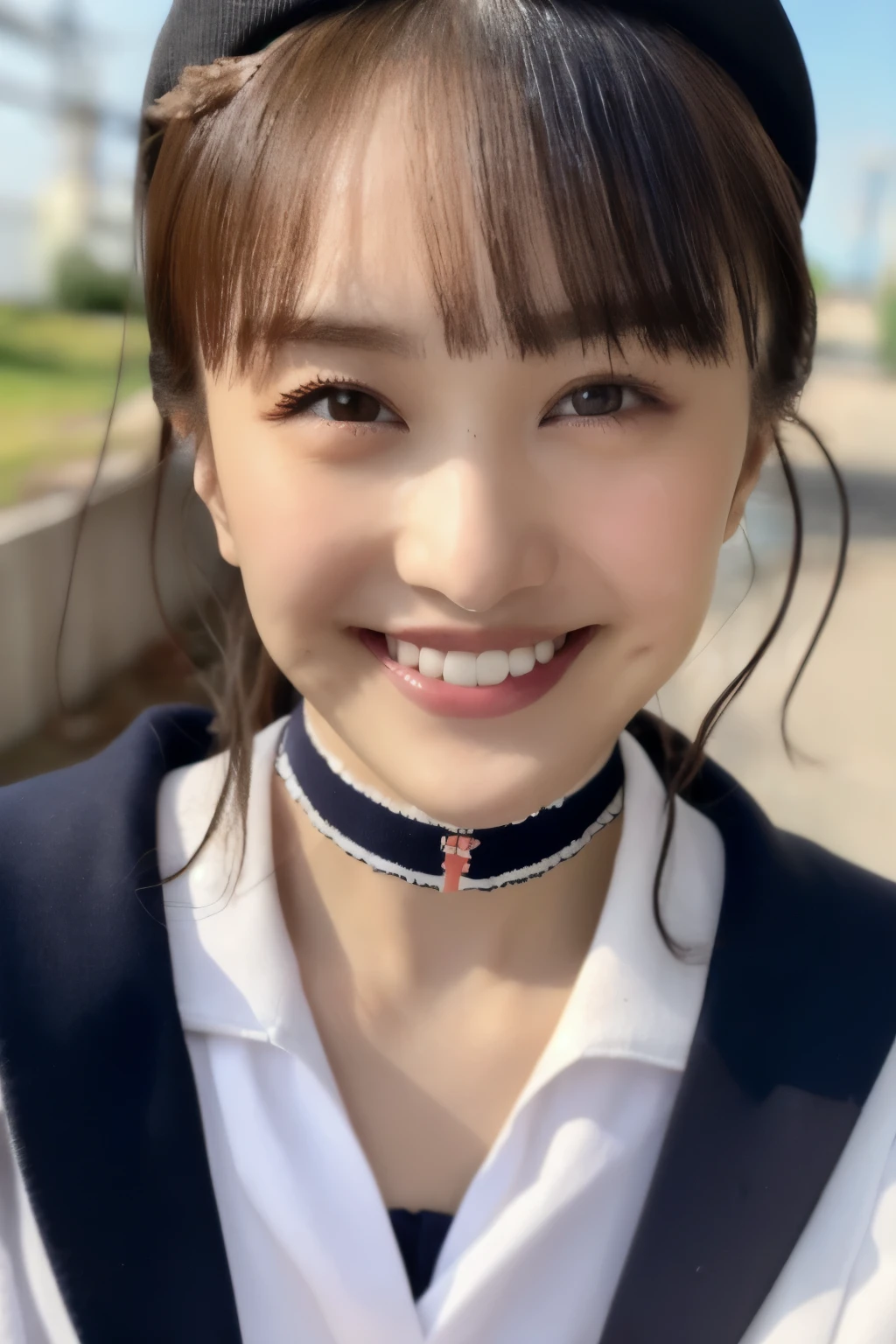 (( sailor suit )), ((())),(( Japanese girl))、Light up your face、(masterpiece, top quality, The beautiful quality of , photorealistic , detailed lighting , Extremely detailed skin, Extremely Detailed Hair ,8k, black hair, upper body, One Girl , smile, Watch Viewers , Dimples, Dimpless on cheeks, fc portrait:1.2), bangs、 choker、 off shoulder、Accurate Eyes、 in ultra high quality、 face close-up、((())),((日本の sailor suit )),