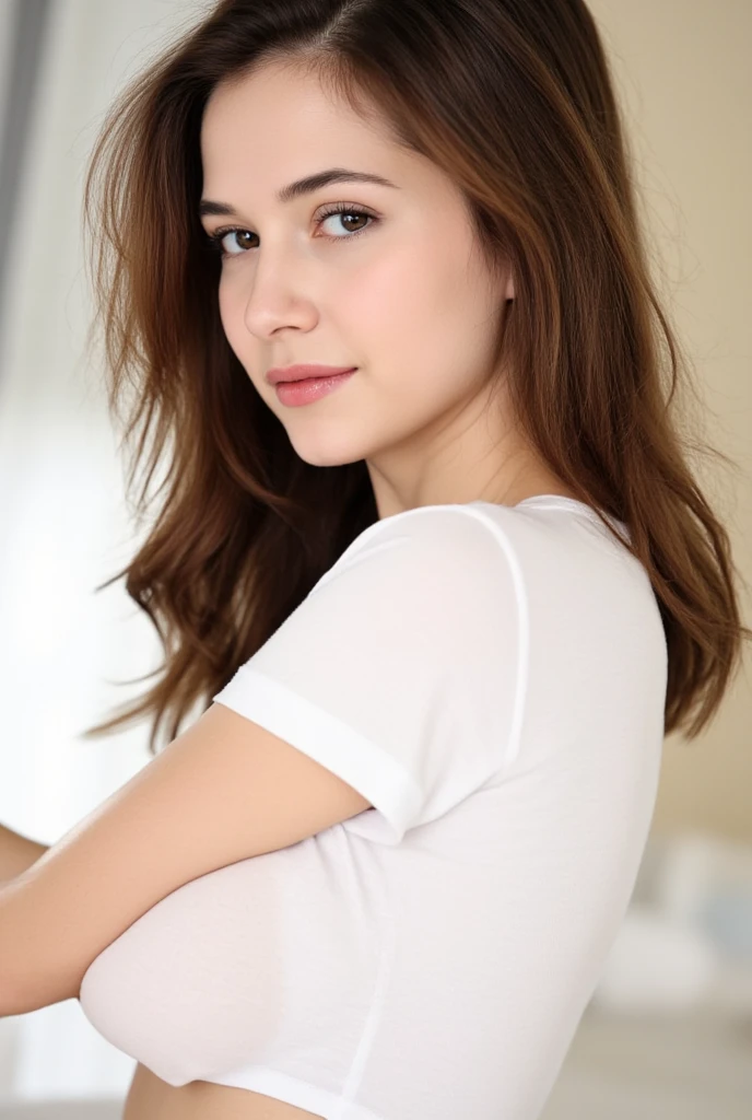 Close-up of a young woman with long, dark brown hair.
She is wearing a white, cropped t-shirt that is loose-fitting, allowing a portion of her shoulders and her underboobs visible. Her hair is styled in a way that appears naturally flowing, with some strands falling around her neck and shoulders.
The woman's expression is calm and neutral, and she is slightly turned away from the camera. The lighting in the image is soft and diffused, creating a gentle glow around her figure. The background is out-of-focus, drawing attention to the woman's features and clothing. The overall impression is one of relaxed beauty and a sense of quiet intimacy.