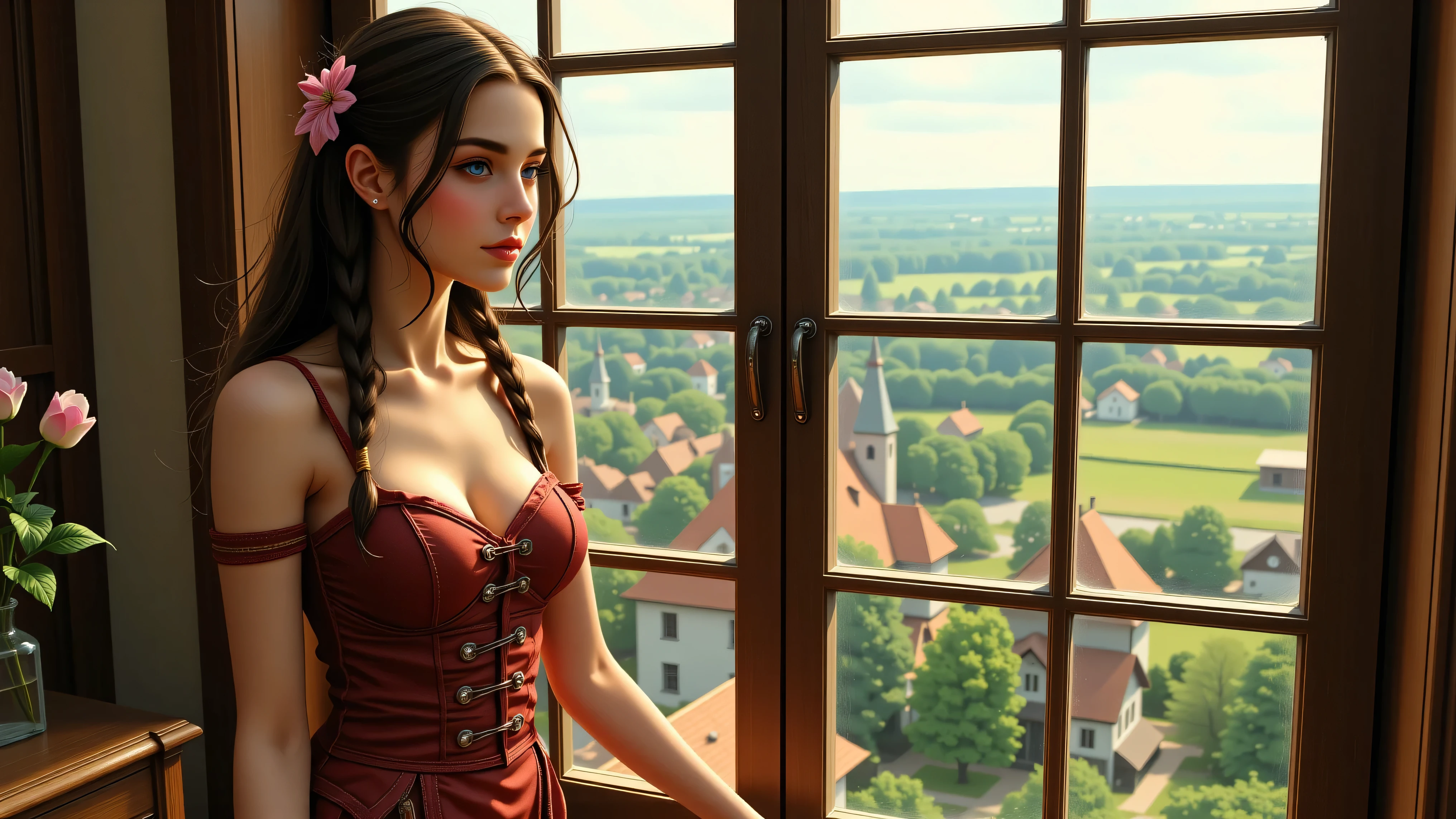 Masterpiece, Hi-detailed, best quality, 8K, (realistic), (Middle ages), ((single girl, solo, only one girl)), (cowboy shot), (close up), standing, ((servant girl)), (slave girl), ((loli)), ((makeup)), ((long eyelashes, mascara, eyeliner)), ((girl standing looking out of the window)), ((welcoming you home, excited for you)), (wanting to embrace you), ((cute, young, yr)), (tall and lanky), (Skinny), (thin frame), (fit, body), (feminine body), (small braids in her hair), (small breasts, round breasts), ((peasant clothes)), ((extremely revealing)), cleavage, beautiful, perfect face, perfect body, large eyes, blue eyes, standing looking at a beautiful vista, Middle Ages, Fantasy,