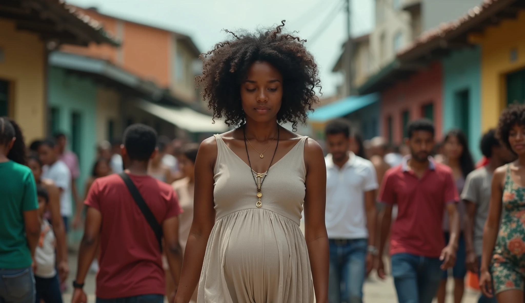 A 25 year old pregnant Brazilian woman, short and blonde hair, light brown eyes, wearing a flowery dress, walking in the favela, Ultra-high quality, photorrealistic, 8k, front angle