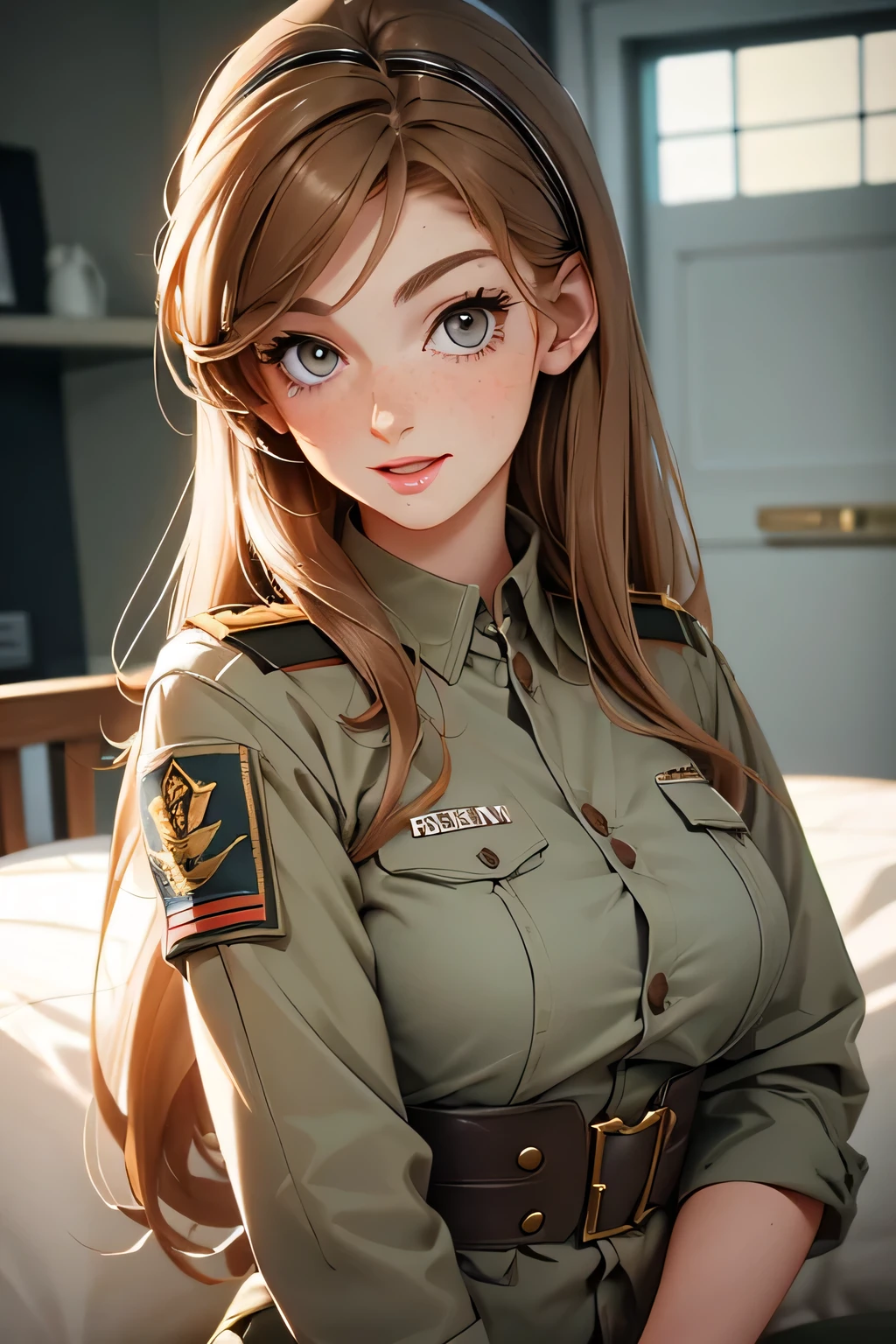 very pretty girl . She is 28 years old . Breast size 3 . height 180 cm . light grey eyes . brown-haired . she smiles . Wearing military uniform . Army officer. .