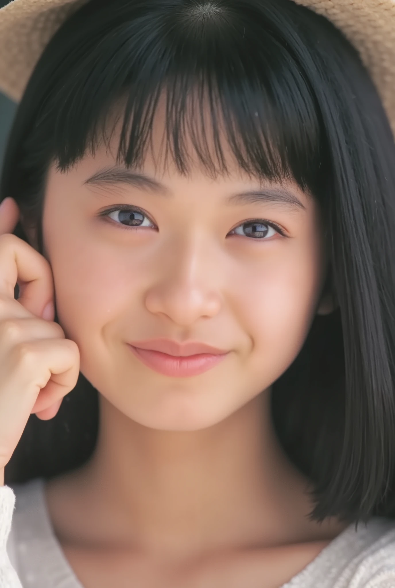 in ultra high quality、 detailed texture 、 Cinematic Lighting 、 image quality with contrast、High quality skin expression 、Improved image quality 、((((underwear)))), (masterpiece, top quality, The beautiful quality of , photorealistic , detailed lighting , Extremely detailed skin, Extremely Detailed Hair ,8k, black hair, upper body, One Girl , smile, Watch Viewers , Dimples, Dimpless on cheeks, fc portrait:1.2), ((( choker)))、 off-shoulder 、Accurate Eyes、 in ultra high quality、 face close-up, big hair ribbon