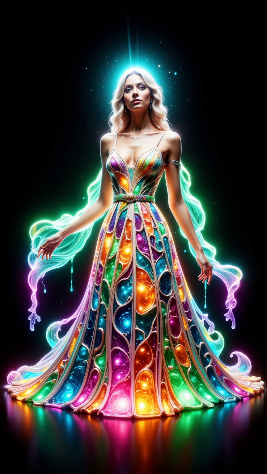 Turn this woman's dress into a beautiful stained glass picture window. Then put the sun inside of her so that the sun's rays blast through the glass and beams of colorful glowing light fill the black abysmal darkness around them. With colorful beams of light shooting in all directions the viewer is awe struck and can't help staring at the sparkling, glowing color collage that is in unique and interesting patterns everywhere. Photo realistic, realism, portrait photography, ultradetailed, cinematic photography, cinematic lighting, backlighting, lens flare, double exposure, bright colorful light and energy display.