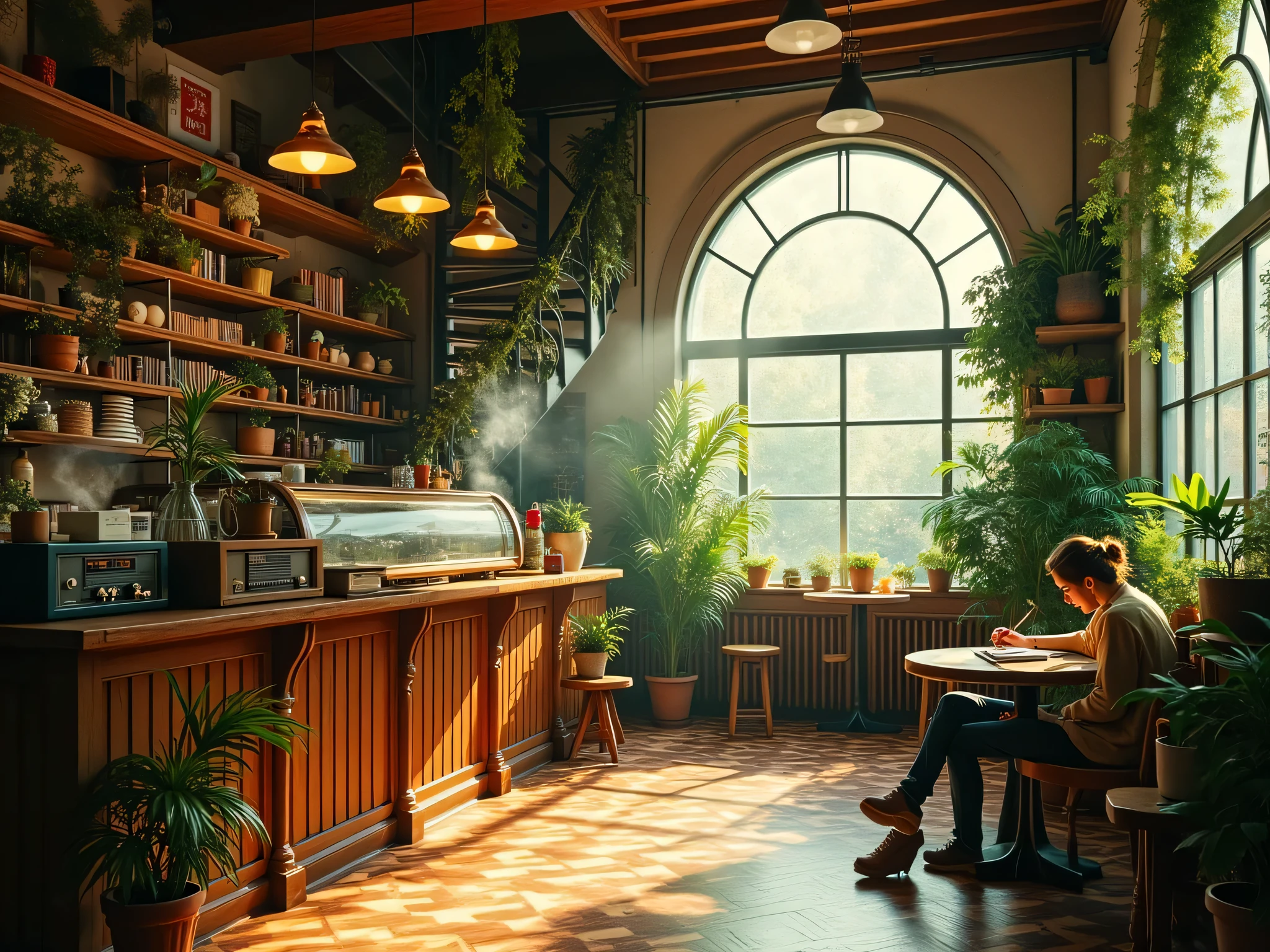 create the image of a 50s coffee shop with several wooden elements, a vinyl radio, a counter with steaming coffee, and several plants inside the coffee shop, do not show people, with a spiral staircase full of plants, the coffee shop should have a large window through which a lot of light enters, vintage, super realistic and with vibrant colors, place a person sitting inside the coffee shop, studying