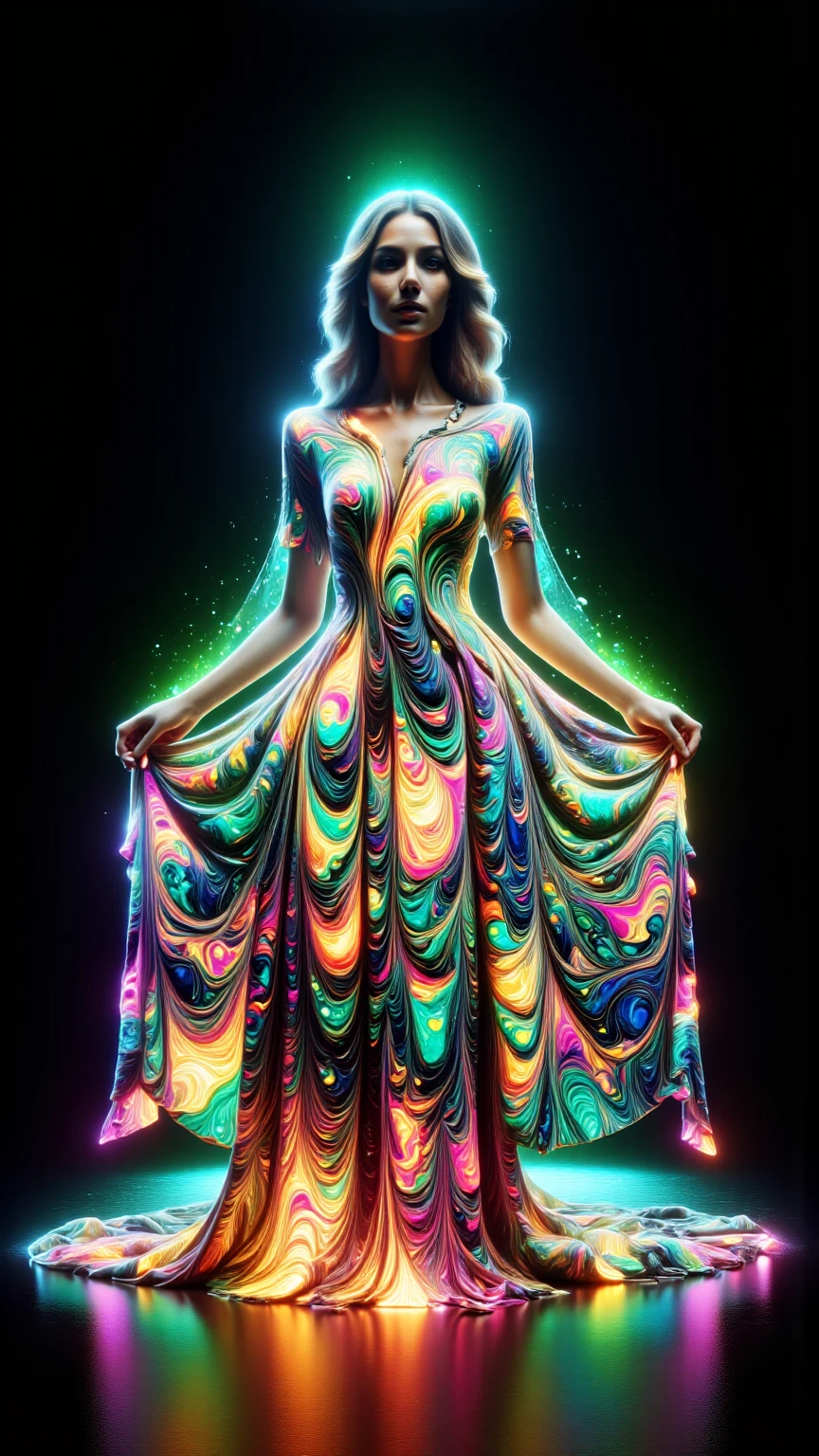 Turn this woman's dress into a beautiful stained glass picture window. Then put the sun inside of her so that the sun's rays blast through the glass and beams of colorful glowing light fill the black abysmal darkness around them. With colorful beams of light shooting in all directions the viewer is awe struck and can't help staring at the sparkling, glowing color collage that is in unique and interesting patterns everywhere. Photo realistic, realism, portrait photography, ultradetailed, cinematic photography, cinematic lighting, backlighting, lens flare, double exposure, bright colorful light and energy display.