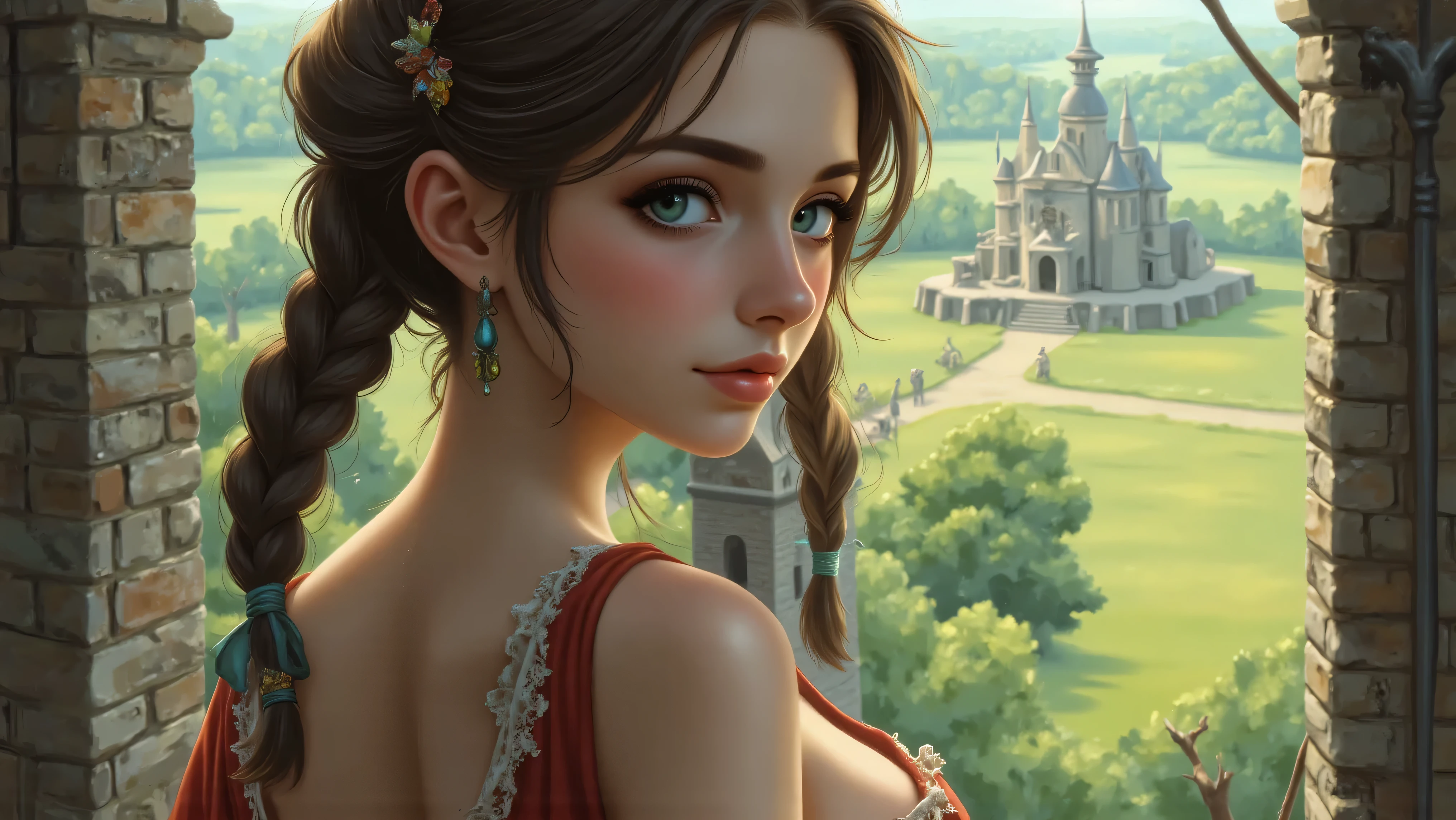 Masterpiece, Hi-detailed, best quality, 8K, (realistic), (Middle ages), ((single girl, solo, only one girl)), (cowboy shot), (close up), standing, ((servant girl)), (slave girl), ((loli)), ((makeup)), ((long eyelashes, mascara, eyeliner)), ((girl standing looking out of the window)), ((welcoming you home, excited for you)), (wanting to embrace you), ((cute, young, yr)), (tall and lanky), (Skinny), (thin frame), (fit, body), (feminine body), (small braids in her hair), (small breasts, round breasts), ((peasant clothes)), ((extremely revealing)), cleavage, beautiful, perfect face, perfect body, large eyes, blue eyes, standing looking at a beautiful vista, Middle Ages, Fantasy,