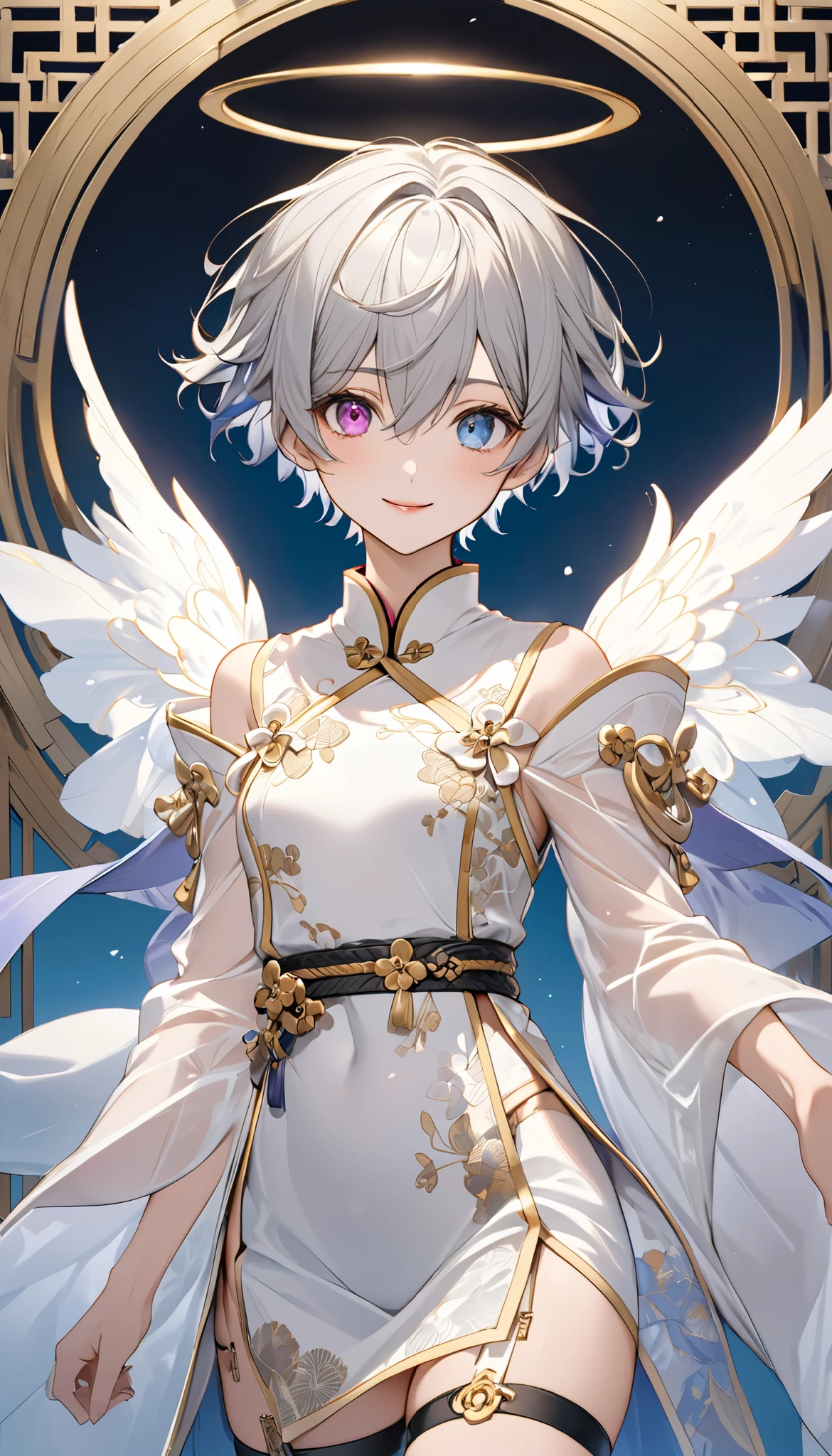fresh illustration ,
Superfine painting,
very delicate illustration ,
Very fine details ,
1boy ,
( standing)
Alone,
Height: 158cm,
Beige Skin,
Cheeks are ruddy,
(The iris of the left eye is magenta and the iris of the right eye is light sky blue),
(Complete iris heterochromia ),
beautiful eyes,
large black pupils ,
Short short hair,
(Gray Hair),
only the base of the hair is light blue ,
The hair has gradation ,
shiny hair with makeup,
Young, beautiful, beautiful face ,
The lips are extremely small,
is smiling,
A small halo that shines brightly floats on the head ,
raised eyebrows ,
The upper body is wearing a kimono in kimono ,
six pack,
The lower body is long, transparent clothing in the style of a Chinese dress with slits at both hips,
The color of the belt is black ,
Overall white clothes ,
The belt has tasteful embroidery with gold thread ,
fine fabric clothing ,
Slim waist,
Thin legs,
jockstrap underwear ,
the thigh strap cuts into the skin ,
The tips of the white long boots are Japanese style ,
Isometric,
golden ratio,
god々 like atmosphere,
The undershirt is indigo-colored with a stand-up collar,
background is white,
tactical use of shadows ,
Head rings and hair fit in a frame ,
Clothes fit in a frame ,
is facing the front,