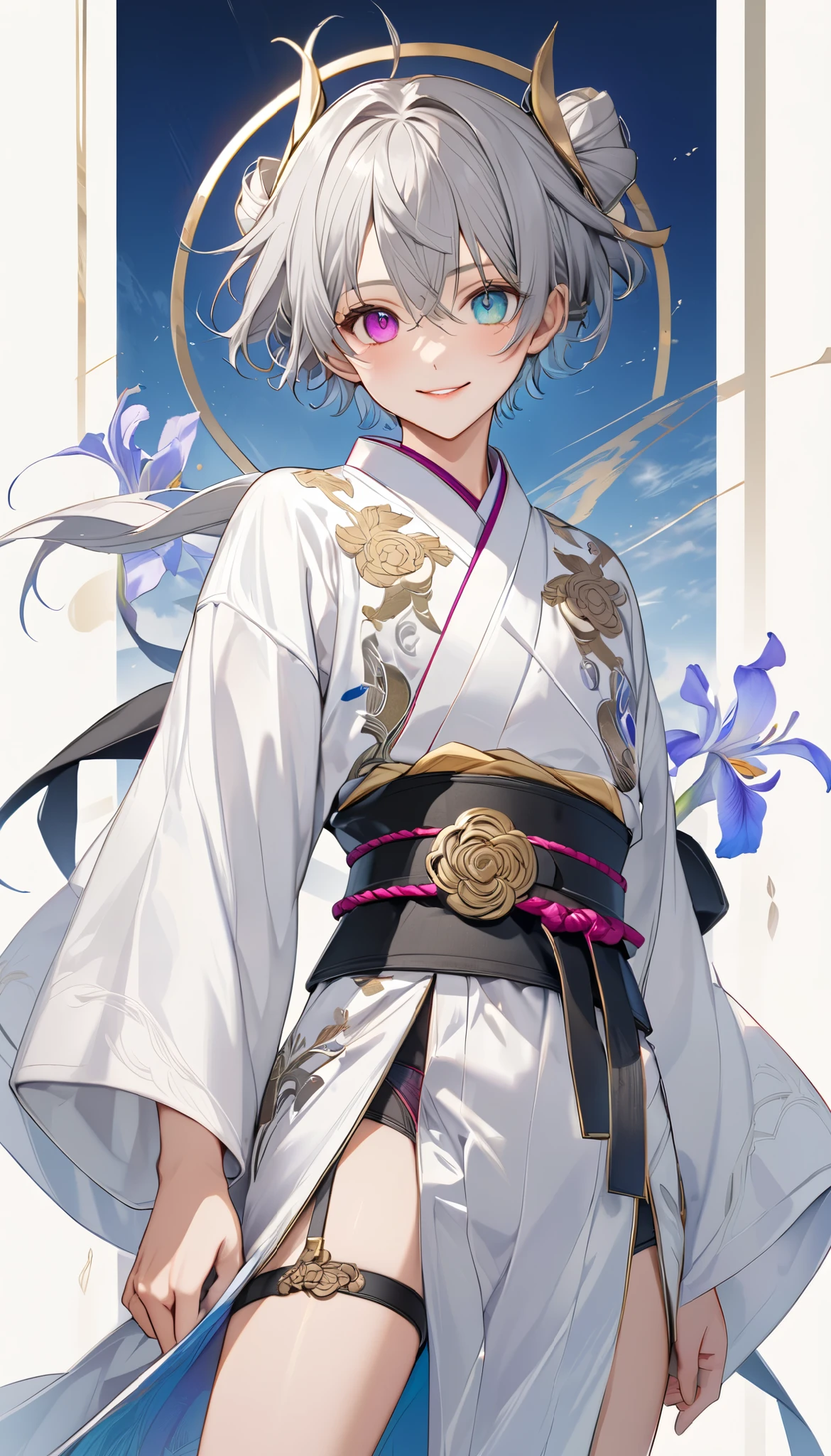 fresh illustration ,
Superfine painting,
very delicate illustration ,
Very fine details ,
1boy ,
( standing)
Alone,
Height: 158cm,
Beige Skin,
Cheeks are ruddy,
(The iris of the left eye is magenta and the iris of the right eye is light sky blue),
(Complete iris heterochromia ),
beautiful eyes,
large black pupils ,
Short short hair,
(Gray Hair),
only the base of the hair is light blue ,
The hair has gradation ,
shiny hair with makeup,
Young, beautiful, beautiful face ,
The lips are extremely small,
is smiling,
A small halo that shines brightly floats on the head ,
raised eyebrows ,
The upper body is wearing a kimono in kimono ,
six pack,
The lower body is long, transparent clothing in the style of a Chinese dress with slits at both hips,
The color of the belt is black ,
Overall white clothes ,
The belt has tasteful embroidery with gold thread ,
fine fabric clothing ,
Slim waist,
Thin legs,
jockstrap underwear ,
the thigh strap cuts into the skin ,
The tips of the white long boots are Japanese style ,
Isometric,
golden ratio,
god々 like atmosphere,
The undershirt is indigo-colored with a stand-up collar,
background is white,
tactical use of shadows ,
Head rings and hair fit in a frame ,
Clothes fit in a frame ,
is facing the front,