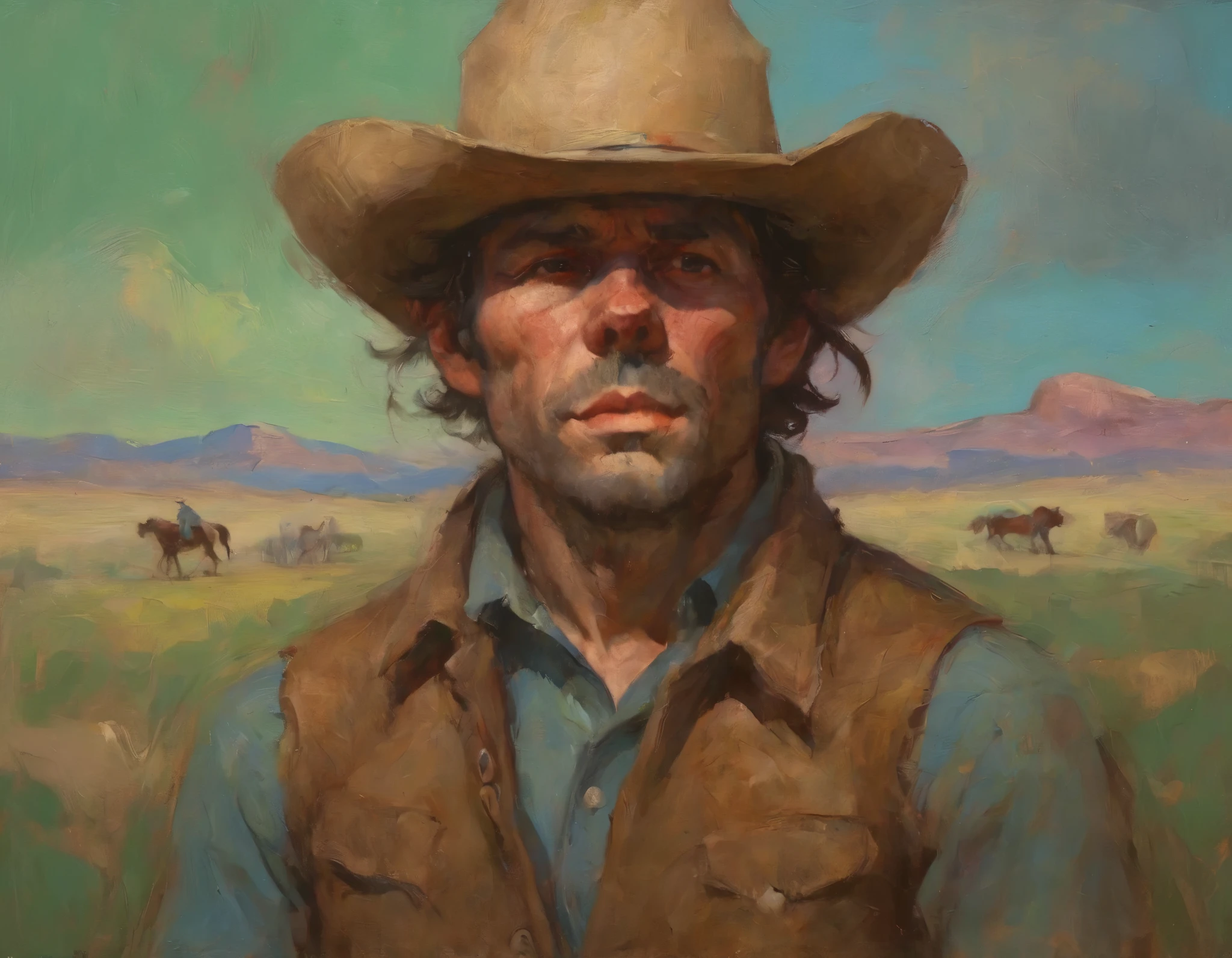 Create a bold and expressive portrait of a cowboy wearing a wide-brimmed hat that casts dramatic shadows over their face, evoking a sense of rugged mystery and confidence. Use thick, textured brushstrokes and a rich, layered color palette dominated by cool blues and greens, contrasted with warm pinks, yellows, and earthy reds. Focus on the physicality of the cowboy’s features, emphasizing light and shadow to sculpt the face, hat, and shoulders with dynamic, painterly strokes. The background should be abstract yet evocative of a vast, open landscape, featuring soft pastel hues that complement the figure without detracting from their presence. The overall style should feel raw and visceral, blending realism with abstraction to capture the strength, solitude, and unyielding spirit of the cowboy