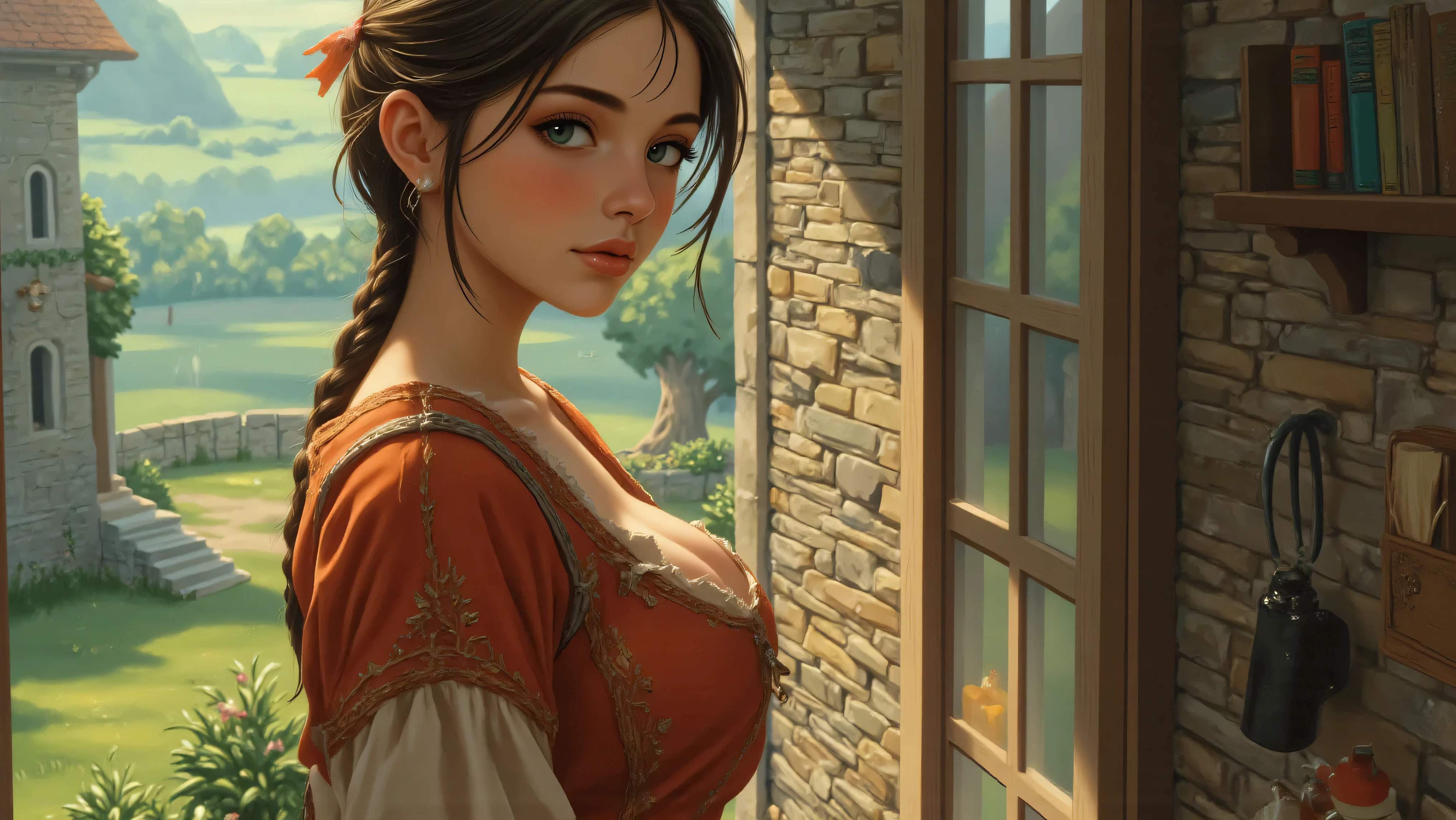 Masterpiece, Hi-detailed, best quality, 8K, (realistic), (Middle ages), ((single girl, solo, only one girl)), (cowboy shot), (close up), standing, ((servant girl)), (slave girl), ((loli)), ((makeup)), ((long eyelashes, mascara, eyeliner)), ((girl standing looking out of the window)), ((welcoming you home, excited for you)), (wanting to embrace you), ((cute, young, yr)), (tall and lanky), (Skinny), (thin frame), (fit, body), (feminine body), (small braids in her hair), (small breasts, round breasts), ((peasant clothes)), ((extremely revealing)), cleavage, beautiful, perfect face, perfect body, large eyes, blue eyes, standing looking at a beautiful vista, Middle Ages, Fantasy,