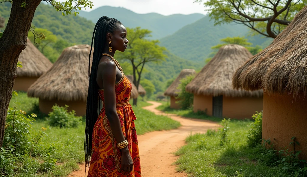 Create an animated image of a beautiful African girl looking heartbroken in her village, gazing at the distant palace, in a 16:9 aspect ratio."