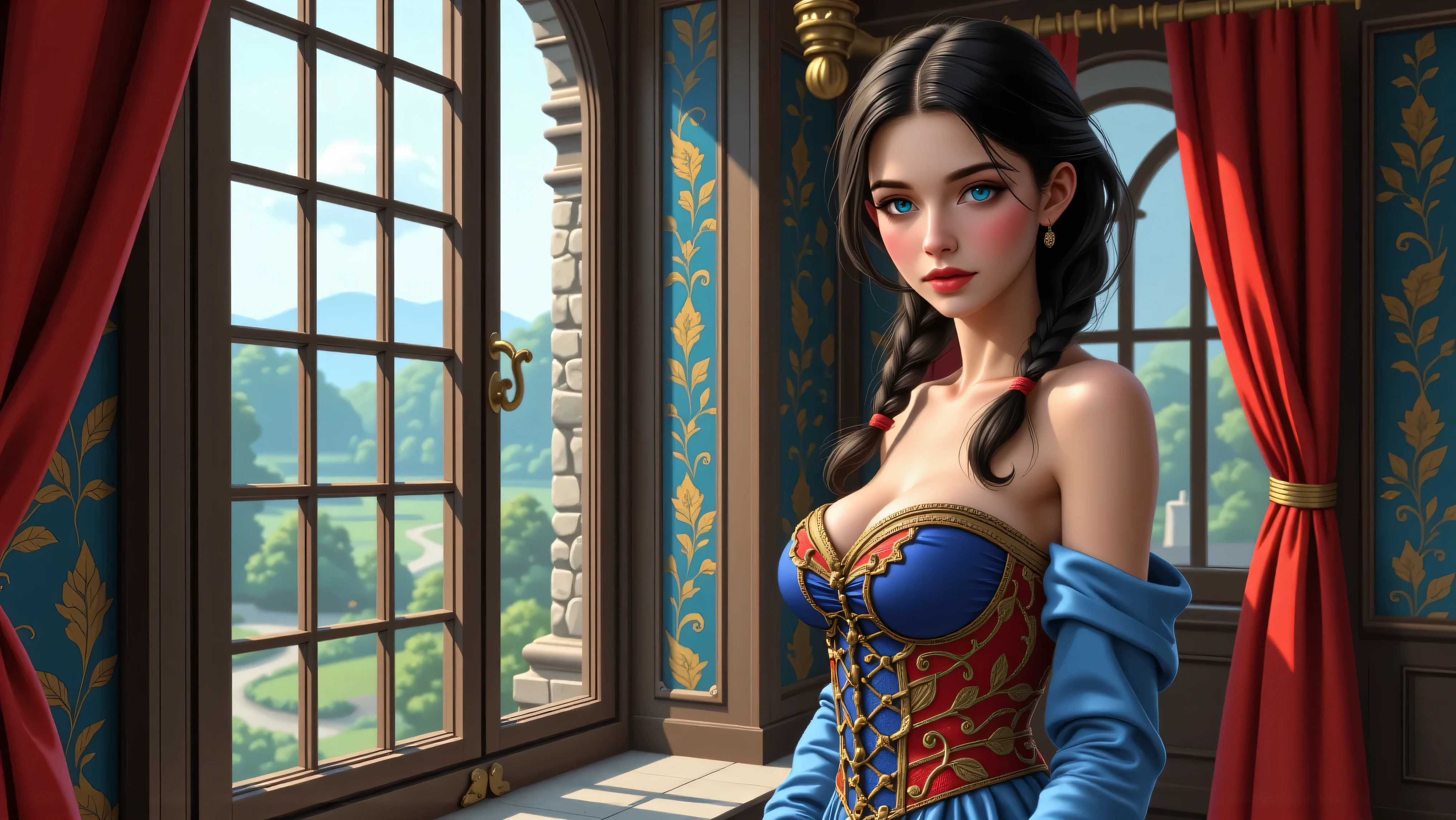 Masterpiece, Hi-detailed, best quality, 8K, (realistic), (Middle ages), ((single girl, solo, only one girl)), (cowboy shot), (close up), standing, ((servant girl)), (slave girl), ((loli)), ((makeup)), ((long eyelashes, mascara, eyeliner)), ((girl standing looking out of the window)), ((welcoming you home, excited for you)), (wanting to embrace you), ((cute, young, yr)), (tall and lanky), (Skinny), (thin frame), (fit, body), (feminine body), (small braids in her hair), (small breasts, round breasts), ((peasant clothes)), ((extremely revealing)), cleavage, beautiful, perfect face, perfect body, large eyes, blue eyes, standing looking at a beautiful vista, Middle Ages, Fantasy,