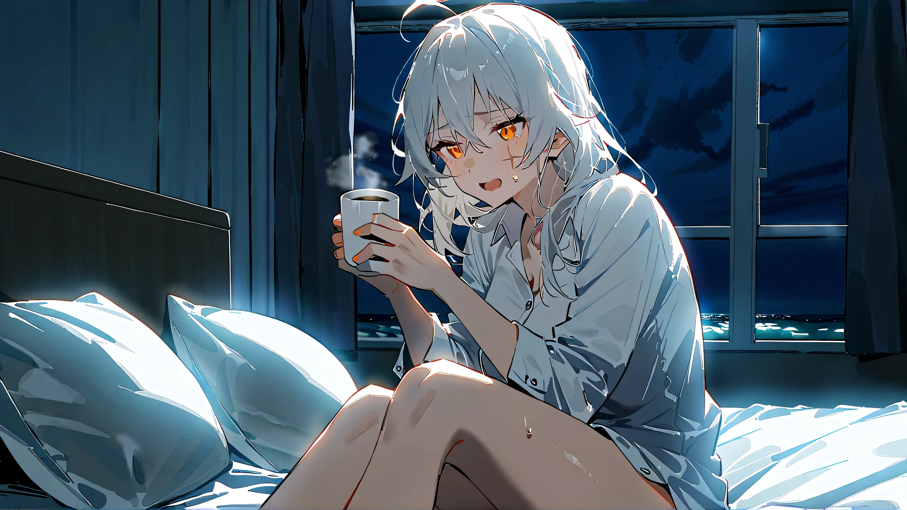 score_9, score_8_up, score_7_up, source_anime, sitting on bed, white button shirt, kantai collection gangut, gangut, ahoge, 1girl, very long silver hair, messy hair orange eyes, dark room, high res, ultrasharp, masterpiece, horizontal line of scar under left eye, no light enviroment, no light on character, dark blue-ish enviroment, dark blue-ish room, dark blue-ish ambiance, ahoge, big arms, strong arms, very dark room, sweat, horizontal line of scar on left cheek, holding white coffee mug, no lighting, no pants, perfect eyes, solo, window with clear view of the ocean, open mouth