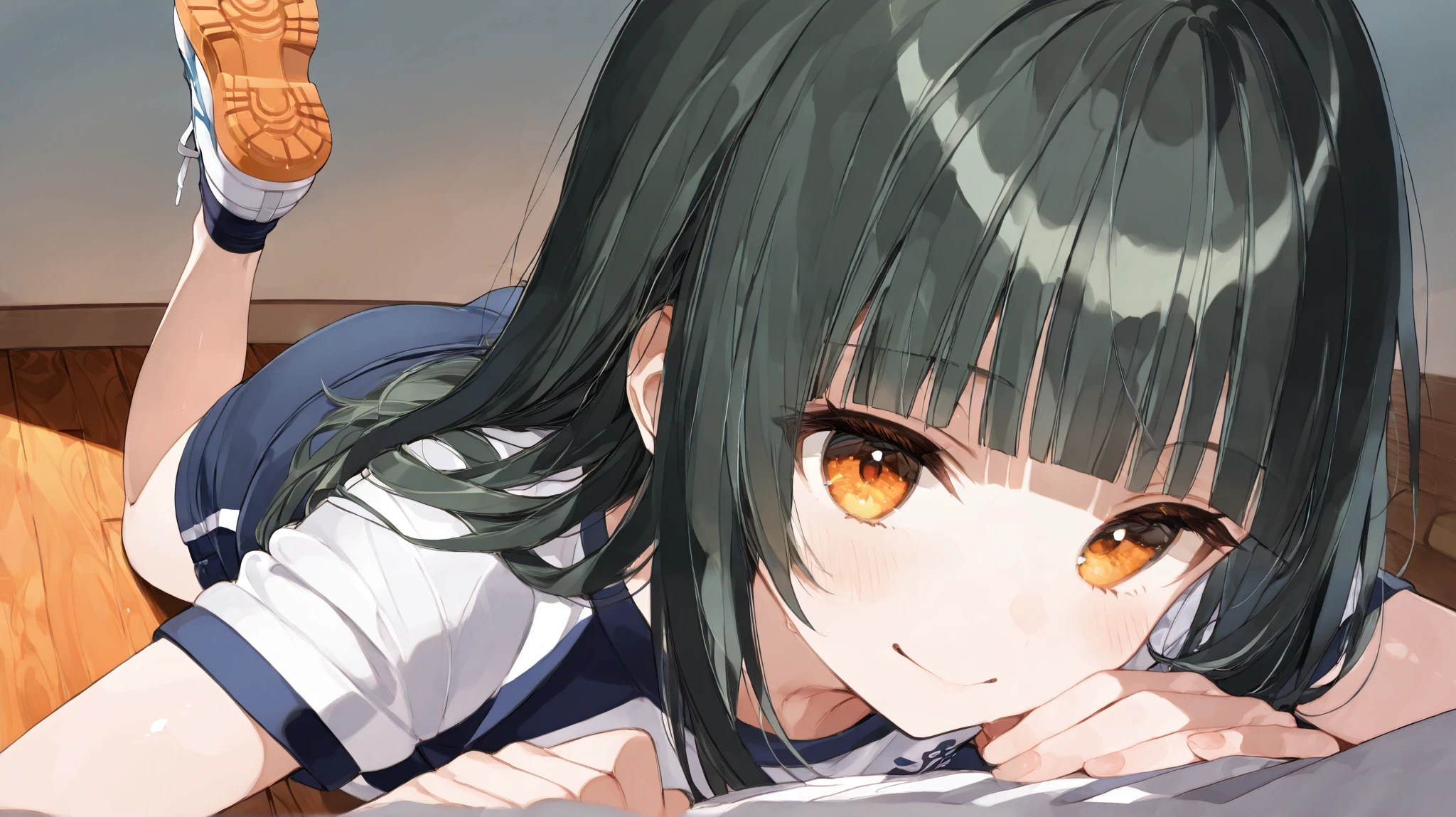 One personの girl 、( Masterpiece, Ultra Details , clear focus , shadow, super high definition , 8k, perfect anatomy, perfect face, ( detailed face ), ( detailed eyes )、 eyes、Best Quality、, girl 、 orange running shoes so that the angle of view is reflected from head to foot、blunt bangs , no stray hair、Dark green hair、 long hair、double eyelids、 Orange Eyes 、白い肌クールな girl 、One person、 about 20 years old、 is smiling、F cup breasts、 about 160 cm tall 、 with just the right amount of flesh 、Beautiful, shiny hair、 She's wearing a navy jersey jacket、I'm wearing a t-shirt as an inner layer、Are you wearing navy jersey pants that are loose fit and long、a necklaceを身に着けている、night、Reading a novel