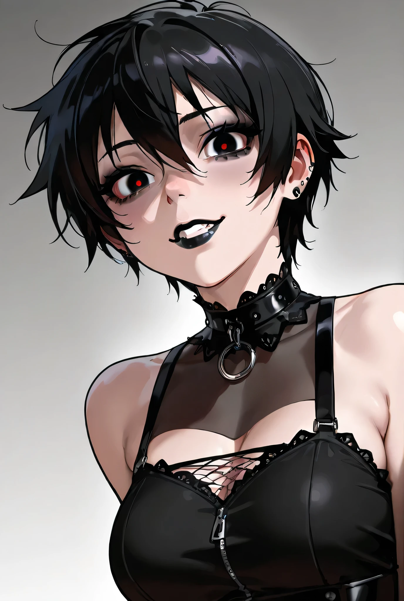 masterpiece, best quality, medium shot of a mature woman, beautiful face, very short haircut, 1girl, busty, red eyes, perfect hourglass figure, small round pupils, flawless eyes, smiling, devious smile, sociopathic, faded, <lora:add_detail:1.3>, <lora:edgGesugao:0.8> edgGesugao, edgGesugao facial expression, sadistic smile, evil smile, monochromatic, huge breasts, empty gradient background, blushing, beautiful lips, closed mouth, closed smile, sexy bra, <lora:hairdetailer:0.8>