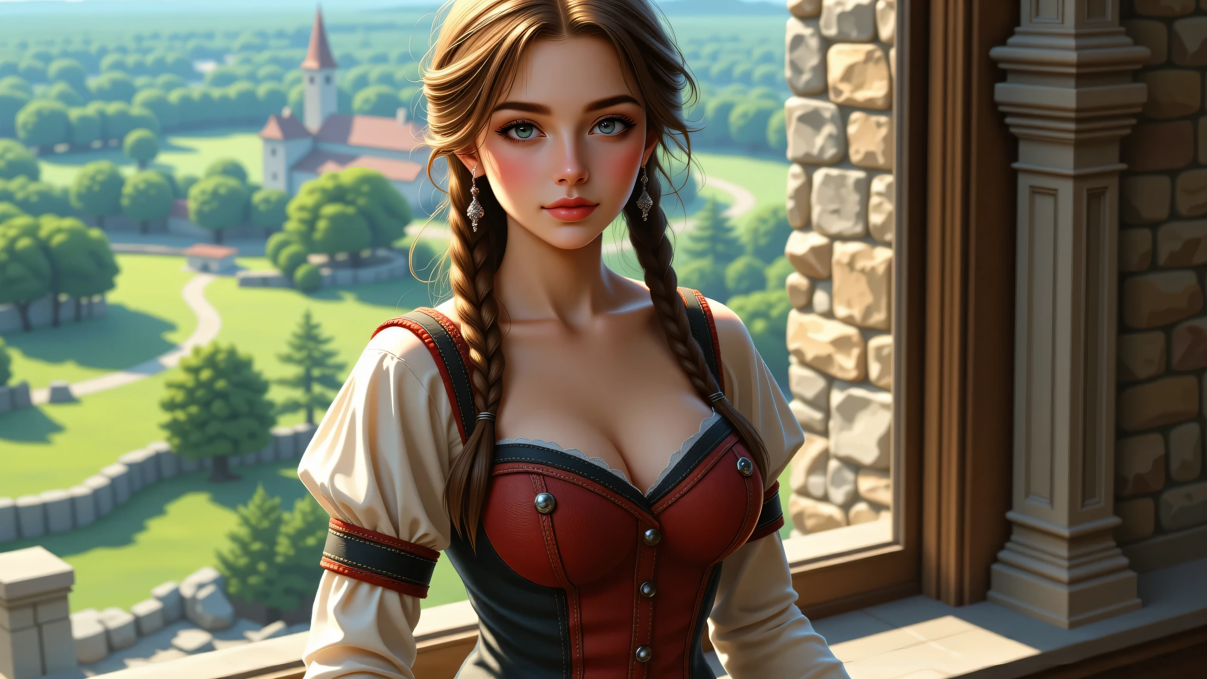 Masterpiece, Hi-detailed, best quality, 8K, (realistic), (Middle ages), ((single girl, solo, only one girl)), (cowboy shot), (close up), standing, ((servant girl)), (slave girl), ((loli)), ((makeup)), ((long eyelashes, mascara, eyeliner)), ((girl standing looking out of the window)), ((welcoming you home, excited for you)), (wanting to embrace you), ((cute, young, yr)), (tall and lanky), (Skinny), (thin frame), (fit, body), (feminine body), (small braids in her hair), (small breasts, round breasts), ((peasant clothes)), ((extremely revealing)), cleavage, beautiful, perfect face, perfect body, large eyes, blue eyes, standing looking at a beautiful vista, Middle Ages, Fantasy,