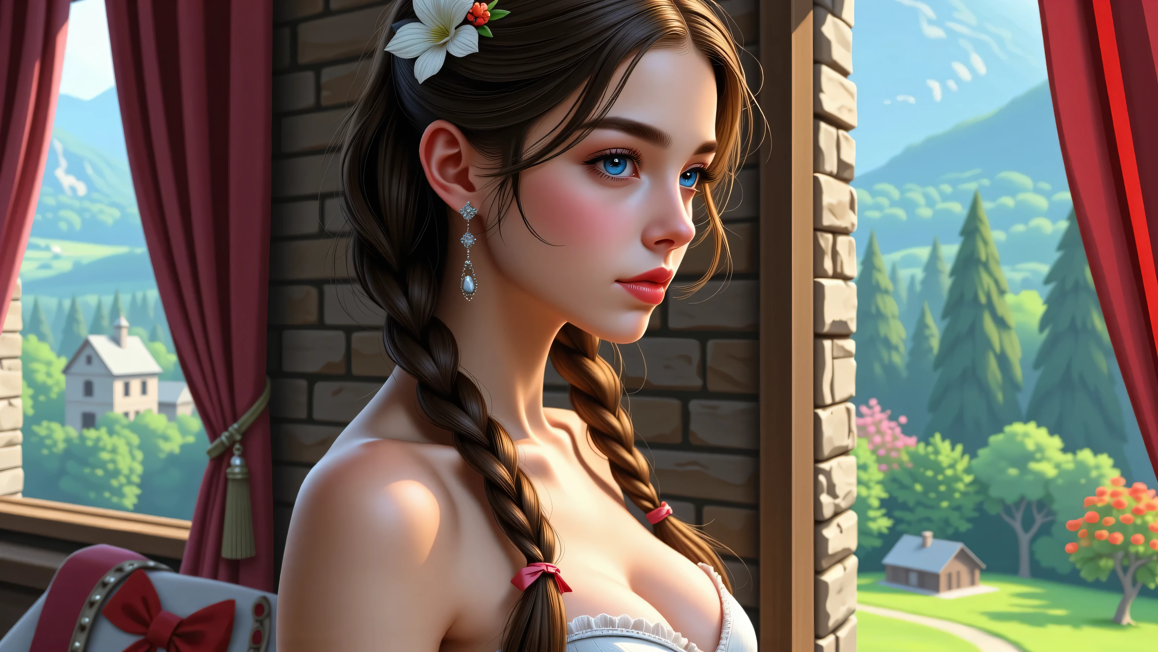 Masterpiece, Hi-detailed, best quality, 8K, (realistic), (Middle ages), ((single girl, solo, only one girl)), (cowboy shot), (close up), standing, ((servant girl)), (slave girl), ((loli)), ((makeup)), ((long eyelashes, mascara, eyeliner)), ((girl standing looking out of the window)), ((welcoming you home, excited for you)), (wanting to embrace you), ((cute, young, yr)), (tall and lanky), (Skinny), (thin frame), (fit, body), (feminine body), (small braids in her hair), (small breasts, round breasts), ((peasant clothes)), ((extremely revealing)), cleavage, beautiful, perfect face, perfect body, large eyes, blue eyes, standing looking at a beautiful vista, Middle Ages, Fantasy,