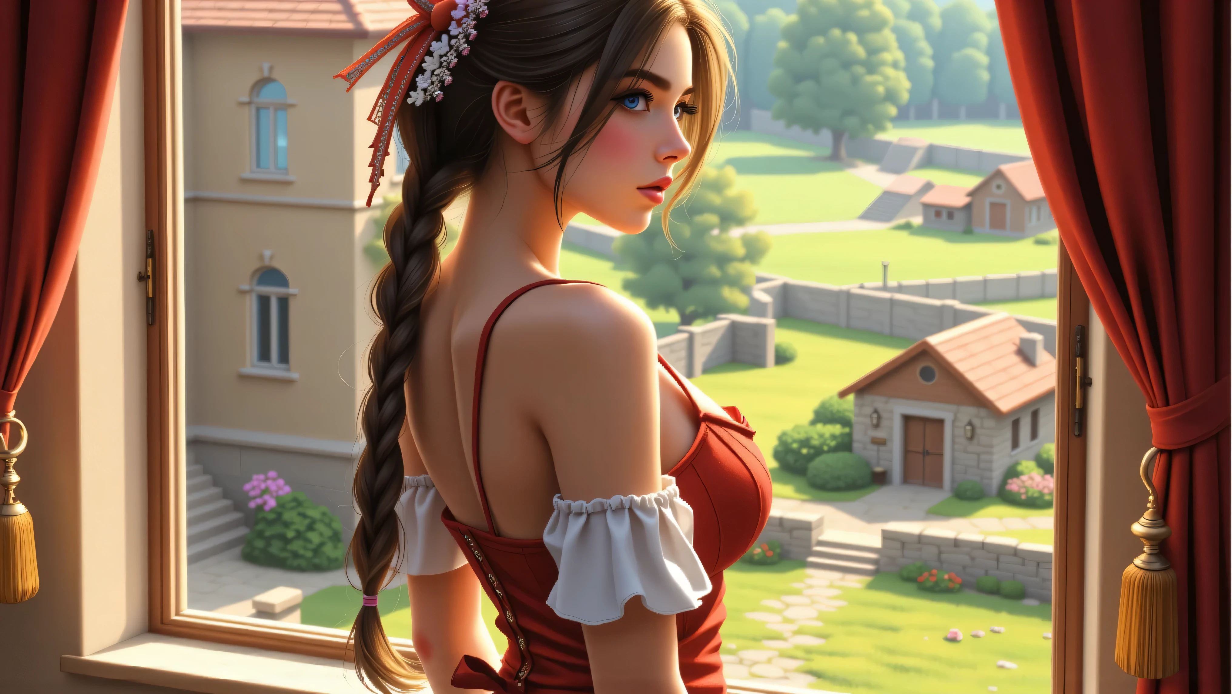 Masterpiece, Hi-detailed, best quality, 8K, (realistic), (Middle ages), ((single girl, solo, only one girl)), (cowboy shot), (close up), standing, ((servant girl)), (slave girl), ((loli)), ((makeup)), ((long eyelashes, mascara, eyeliner)), ((girl standing looking out of the window)), ((welcoming you home, excited for you)), (wanting to embrace you), ((cute, young, yr)), (tall and lanky), (Skinny), (thin frame), (fit, body), (feminine body), (small braids in her hair), (small breasts, round breasts), ((peasant clothes)), ((extremely revealing)), cleavage, beautiful, perfect face, perfect body, large eyes, blue eyes, standing looking at a beautiful vista, Middle Ages, Fantasy,