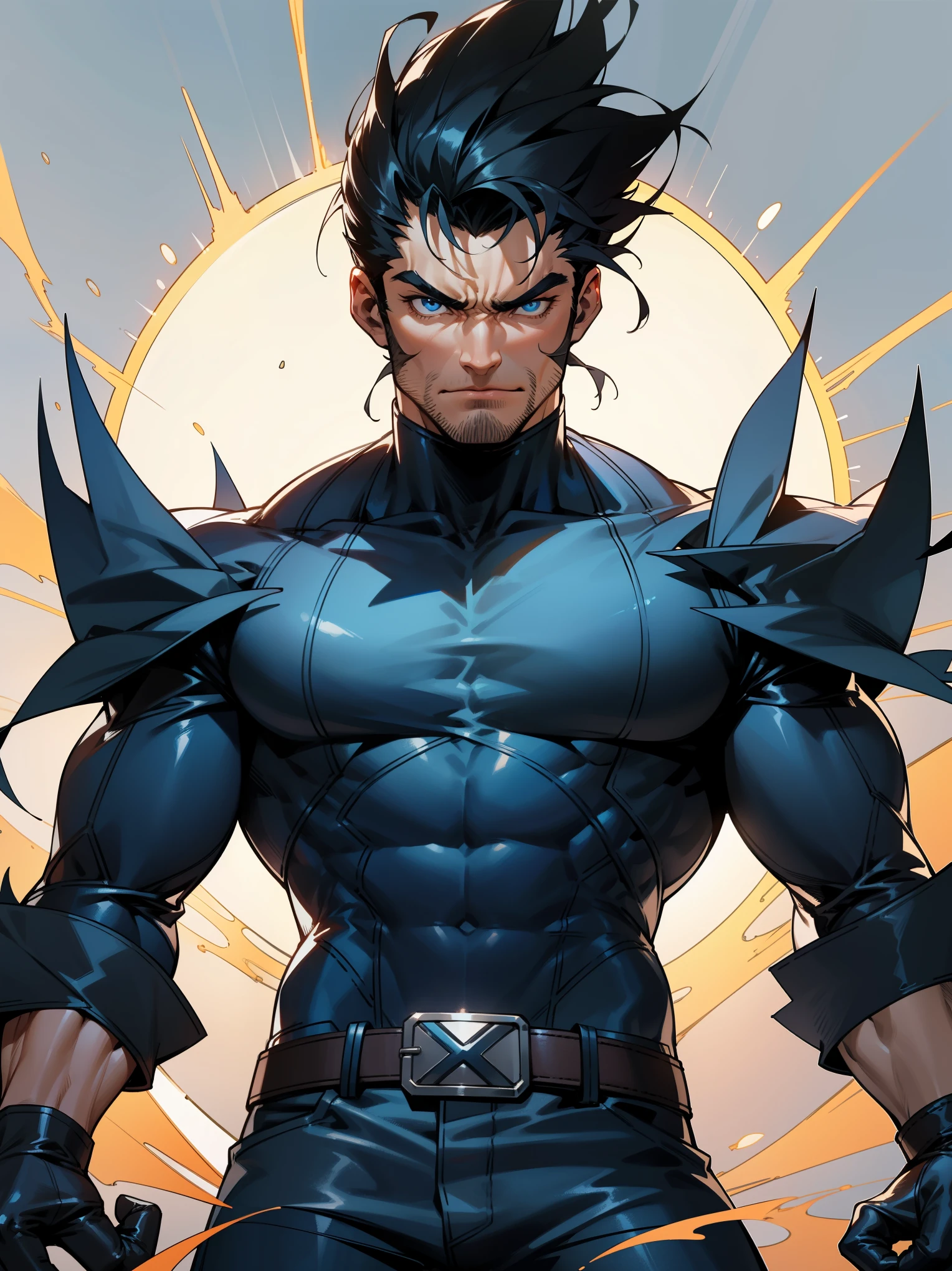 A male figure resembling Wolverine, with short, wild black hair streaked with a hint of gray, wearing a black leather jacket, hands in jacket pockets, paired with rugged jeans and a belt featuring a silver buckle. He has blue eyes, a chiseled face with thick sideburns, upper body, cowboy shot, illuminated by moonlight, facing toward the camera,