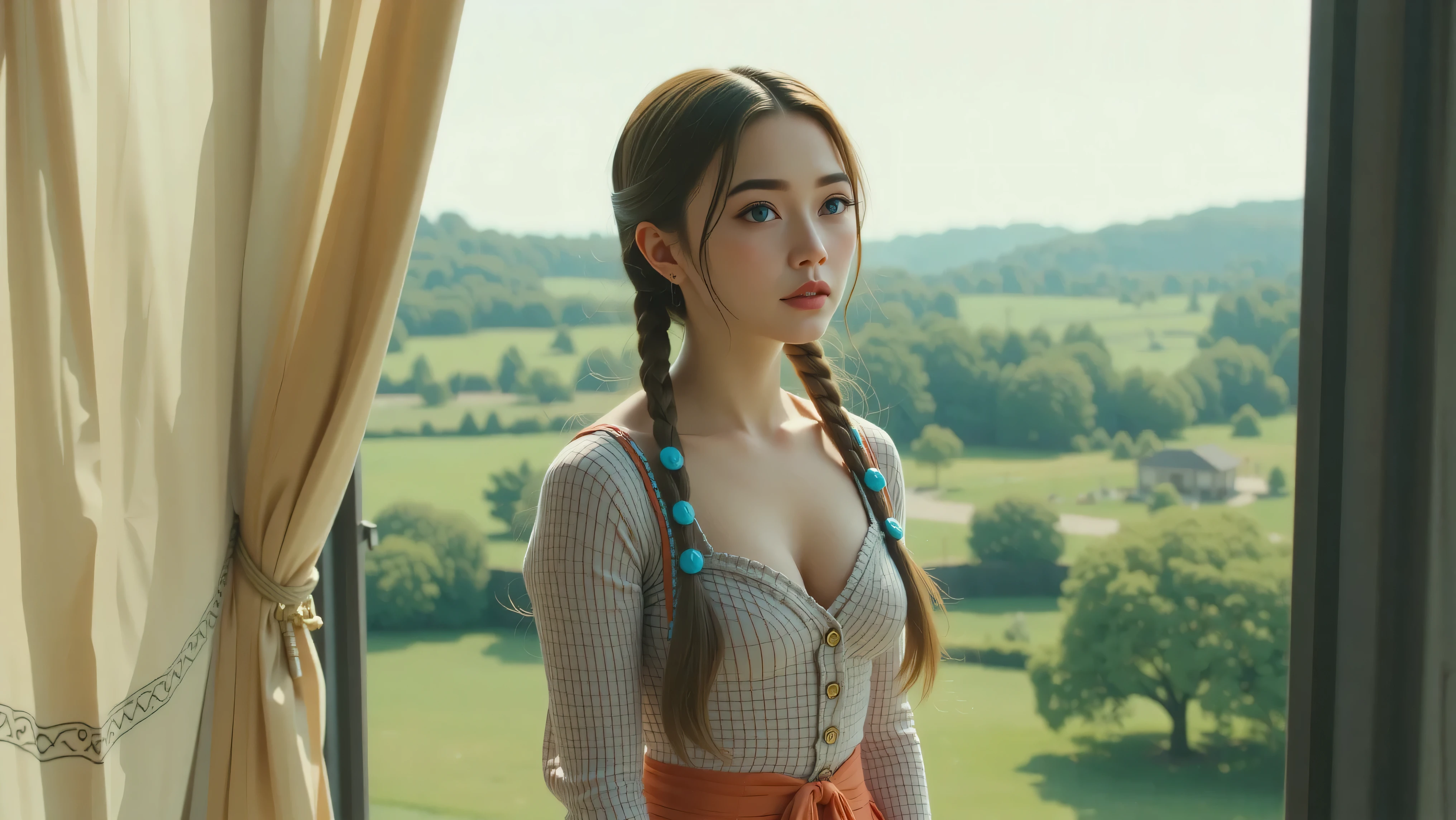 Masterpiece, Hi-detailed, best quality, 8K, (realistic), (Middle ages), ((single girl, solo, only one girl)), (cowboy shot), (close up), standing, ((servant girl)), (slave girl), ((loli)), ((makeup)), ((long eyelashes, mascara, eyeliner)), ((girl standing looking out of the window)), ((welcoming you home, excited for you)), (wanting to embrace you), ((cute, young, yr)), (tall and lanky), (Skinny), (thin frame), (fit, body), (feminine body), (small braids in her hair), (small breasts, round breasts), ((peasant clothes)), ((extremely revealing)), cleavage, beautiful, perfect face, perfect body, large eyes, blue eyes, standing looking at a beautiful vista, Middle Ages, Fantasy,