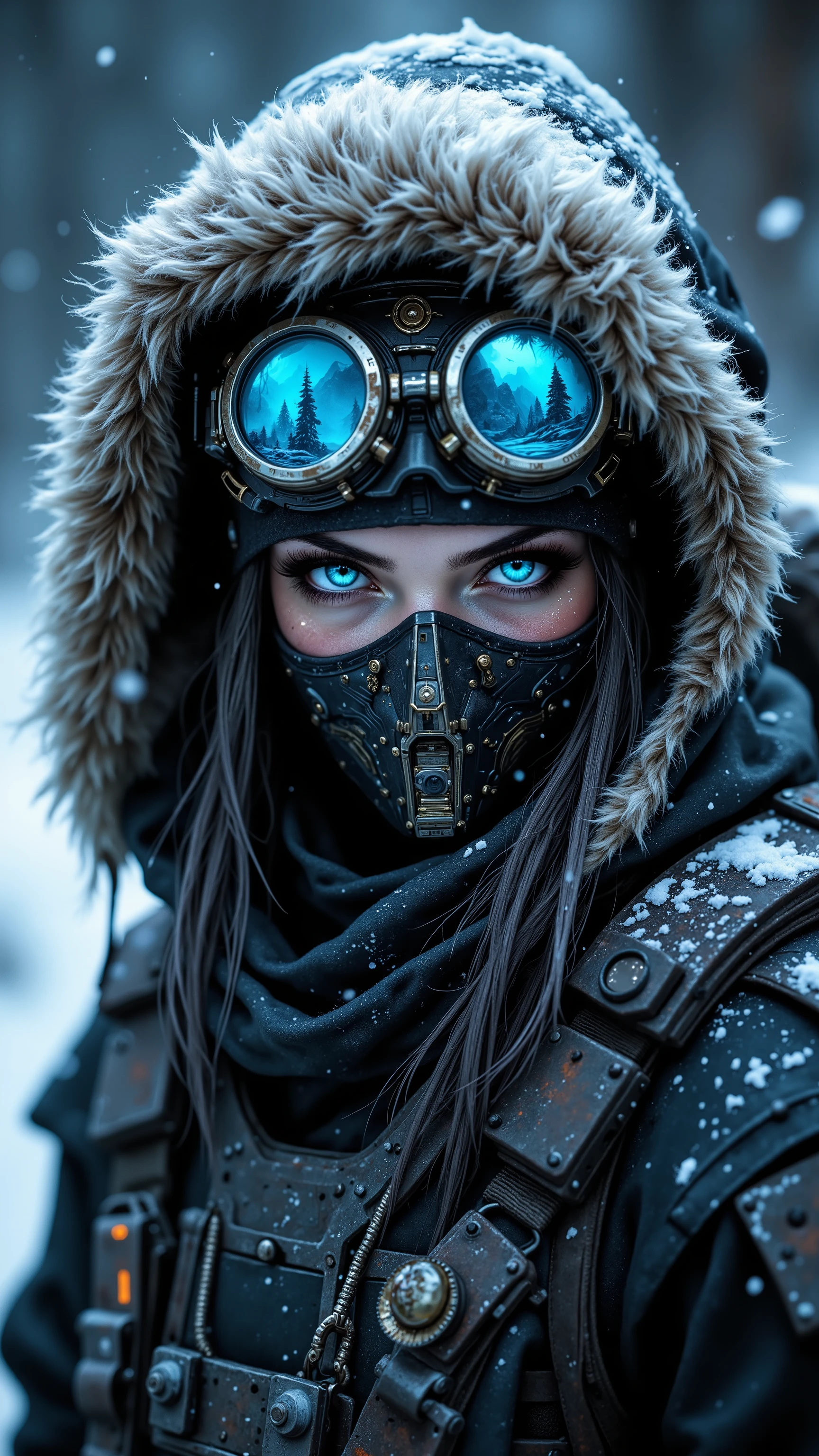 Masterpiece, Top Quality, winter explorer, fur-lined hood, steampunk goggles, piercing blue eyes, face mask, snowy landscape reflection, extreme cold, sci-fi atmosphere, detailed portrait, icy tones, dramatic lighting, futuristic arctic gear, mysterious gaze, high contrast, hyper-realistic, cinematic style

