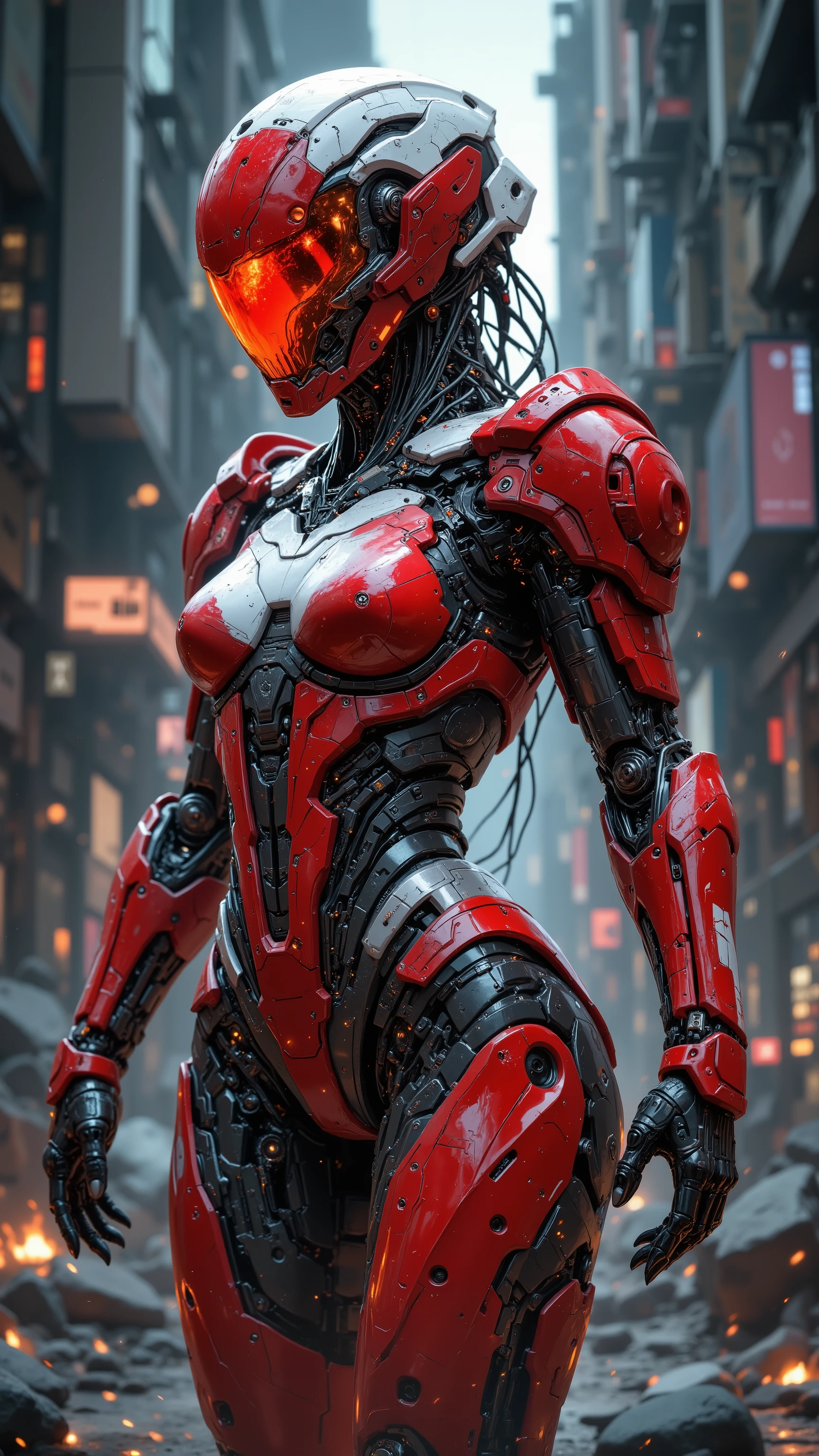 Masterpiece, Top Quality, futuristic woman armored soldier, highly detailed sci-fi suit, red and white color scheme, glowing helmet visor, robotic exoskeleton, advanced technology, dynamic pose, battle-ready stance, cyberpunk aesthetic, sparks and debris in background, cinematic lighting, hyperrealistic texture, 4K resolution, concept art, digital painting

