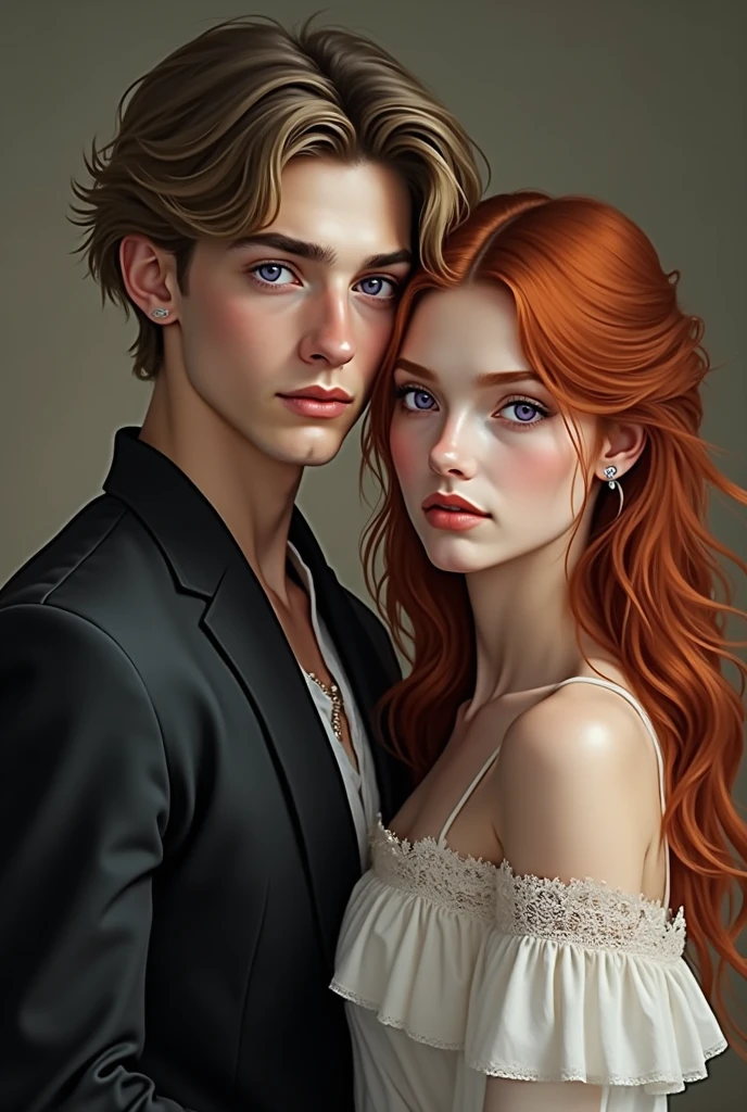 A man with red hair, blue eyes, shaved beard, hugs a woman, long red hair, blue eyes, red lipstick, wears a strapless shirt. Have a perfect face in the highest resolution. The details are clear.